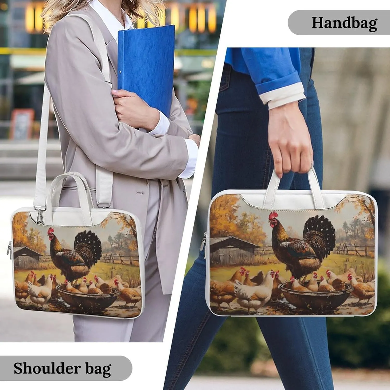 Chickens Hens Rooster Cock Leather Bag Laptop Case Slim Water Resistant Computer Bags with Handle Briefcase for Work