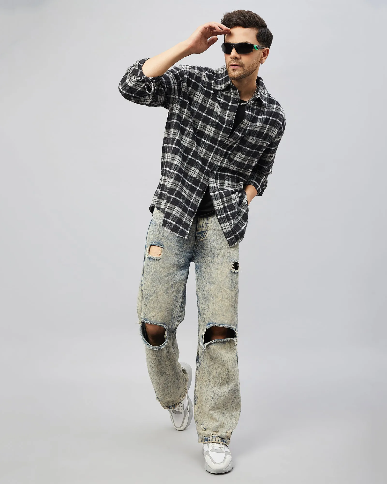 Chimpaaanzee Men Black & Grey Oversized Fit Shirt