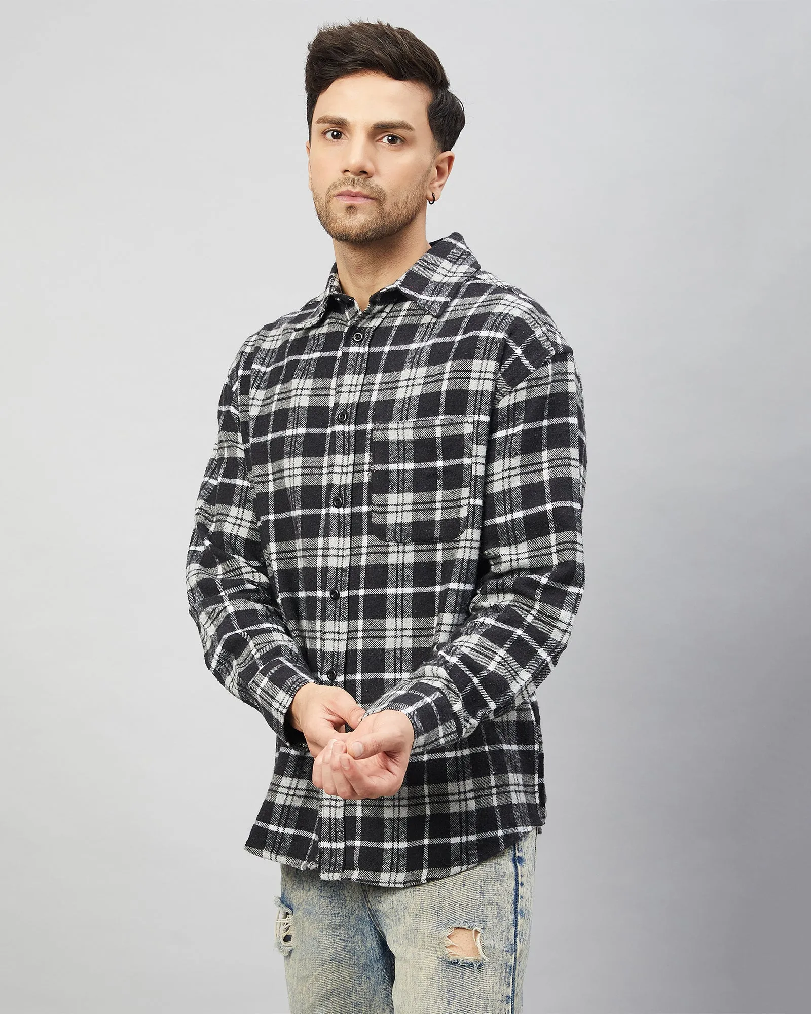 Chimpaaanzee Men Black & Grey Oversized Fit Shirt