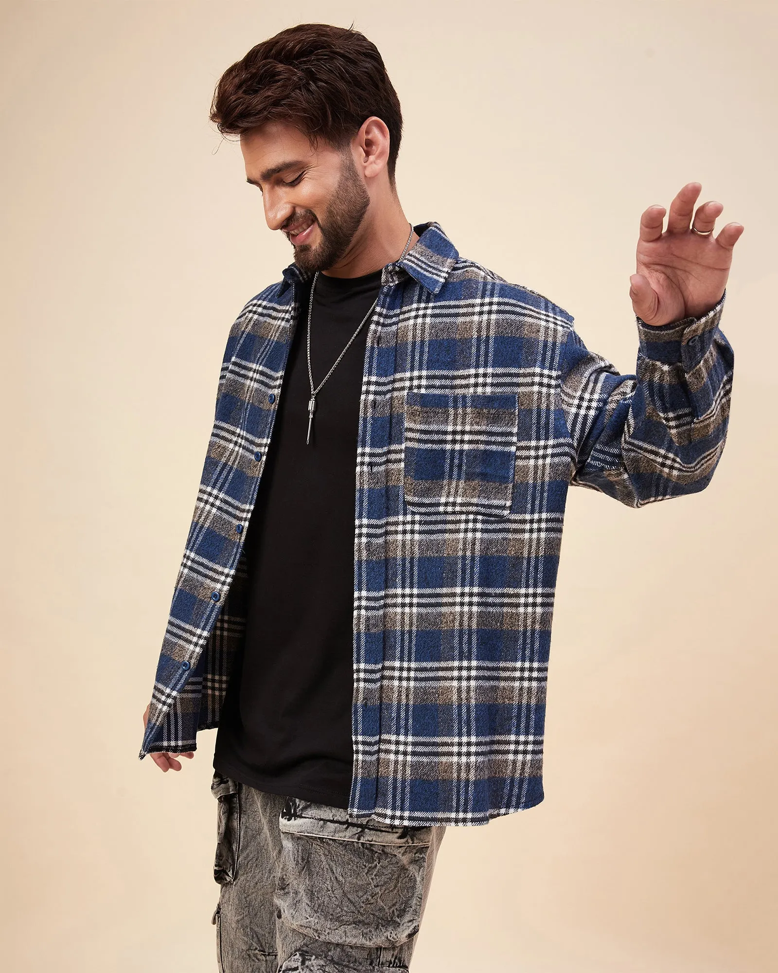 Chimpaaanzee Men Blue & Brown Oversized Fit Shirt
