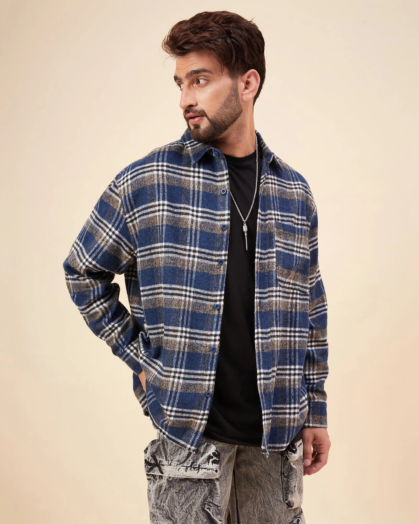 Chimpaaanzee Men Blue & Brown Oversized Fit Shirt