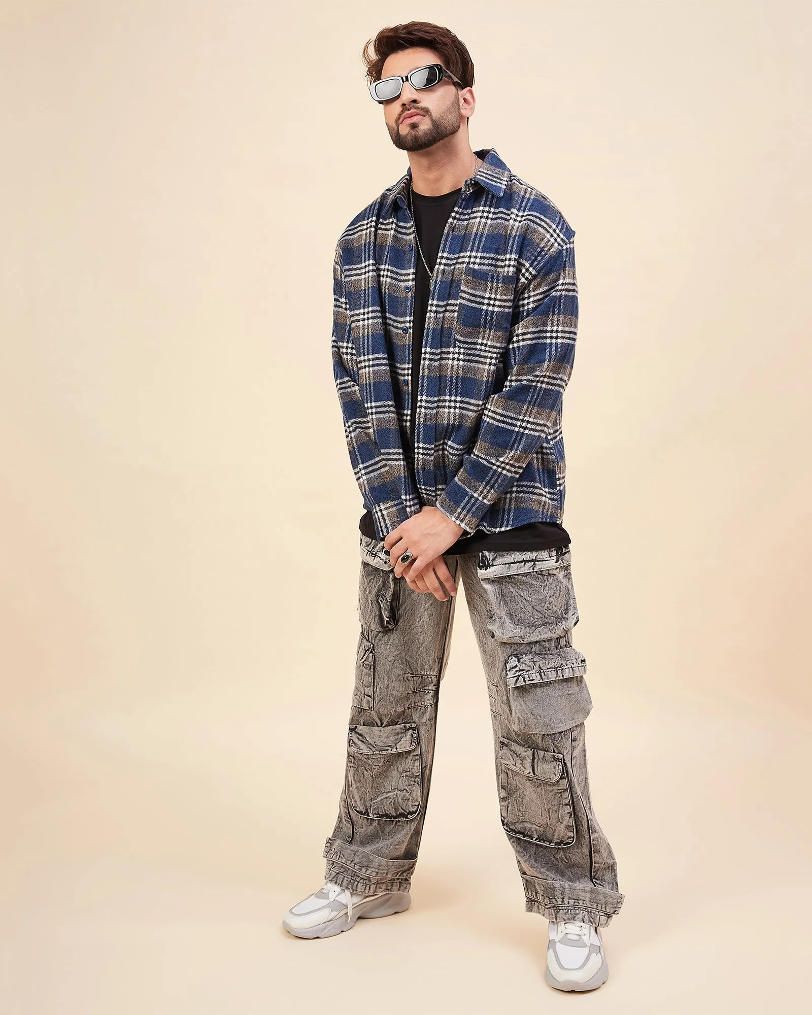 Chimpaaanzee Men Blue & Brown Oversized Fit Shirt