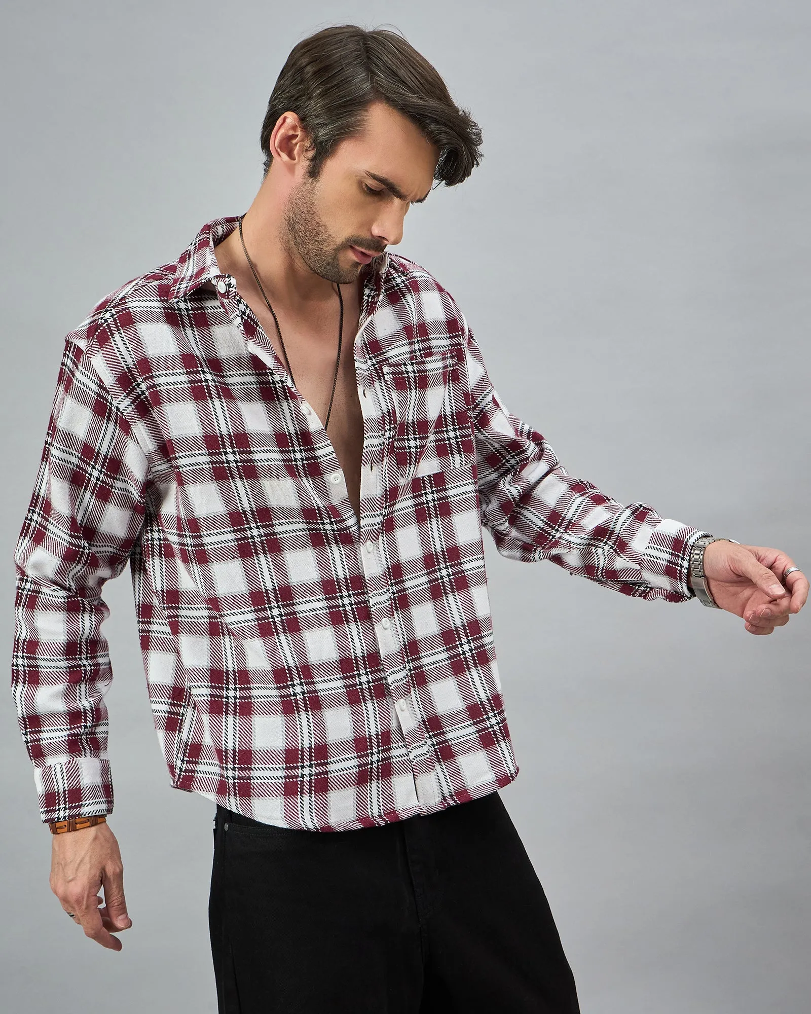 Chimpaaanzee Men Maroon & White Oversized Fit Shirt