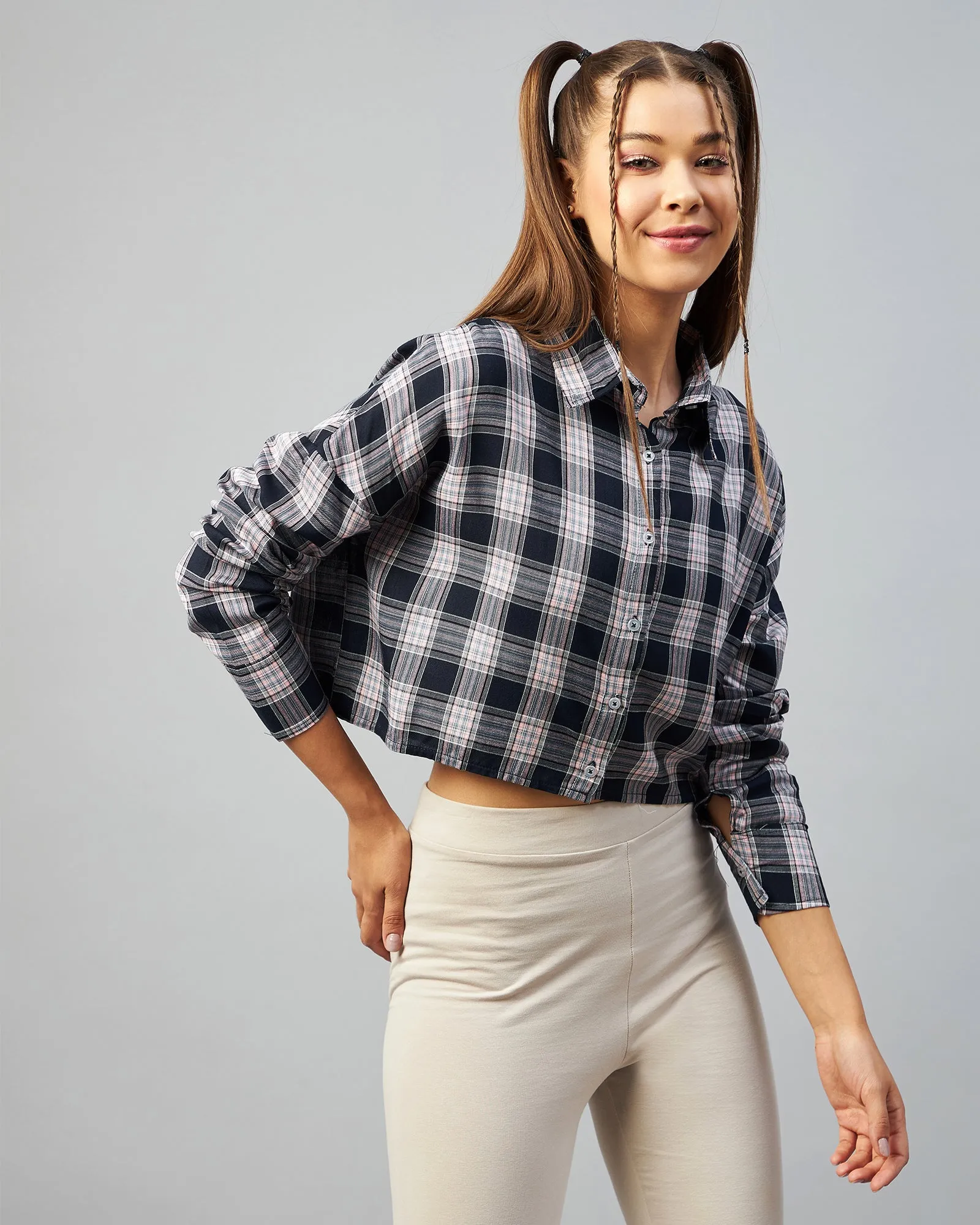 Chimpaaanzee Women Viscose Navy & Pink Checkered Full Sleeve Drop Shoulder Crop Shirt