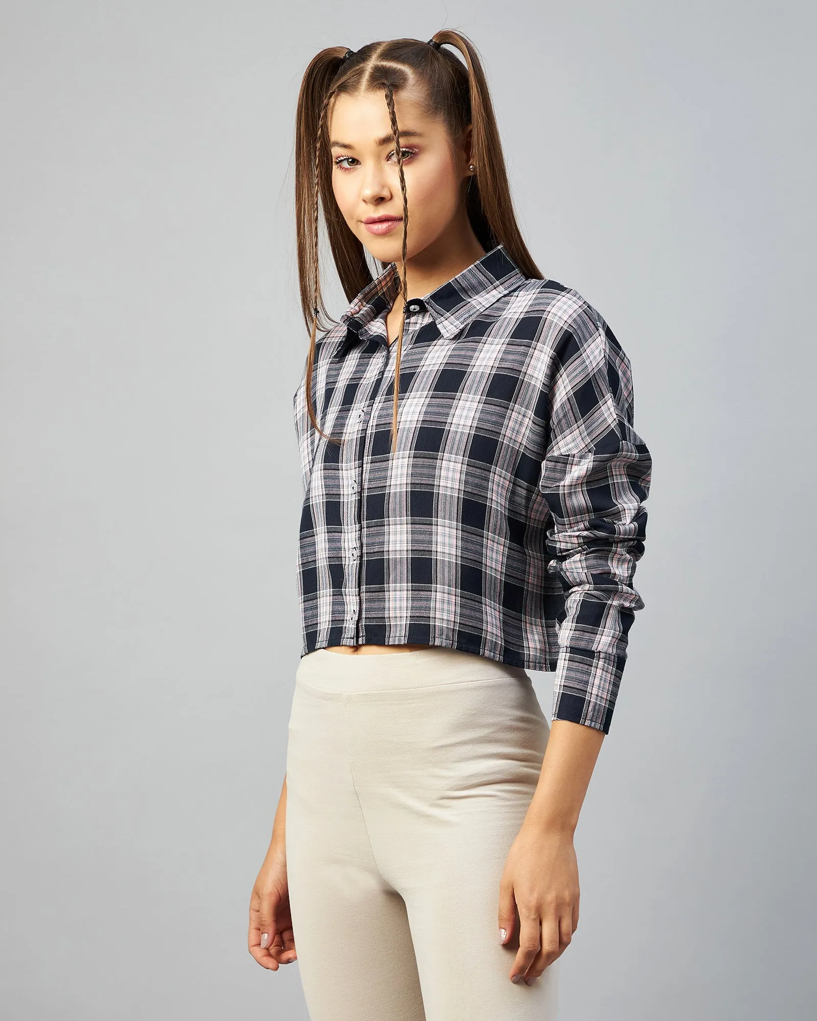 Chimpaaanzee Women Viscose Navy & Pink Checkered Full Sleeve Drop Shoulder Crop Shirt