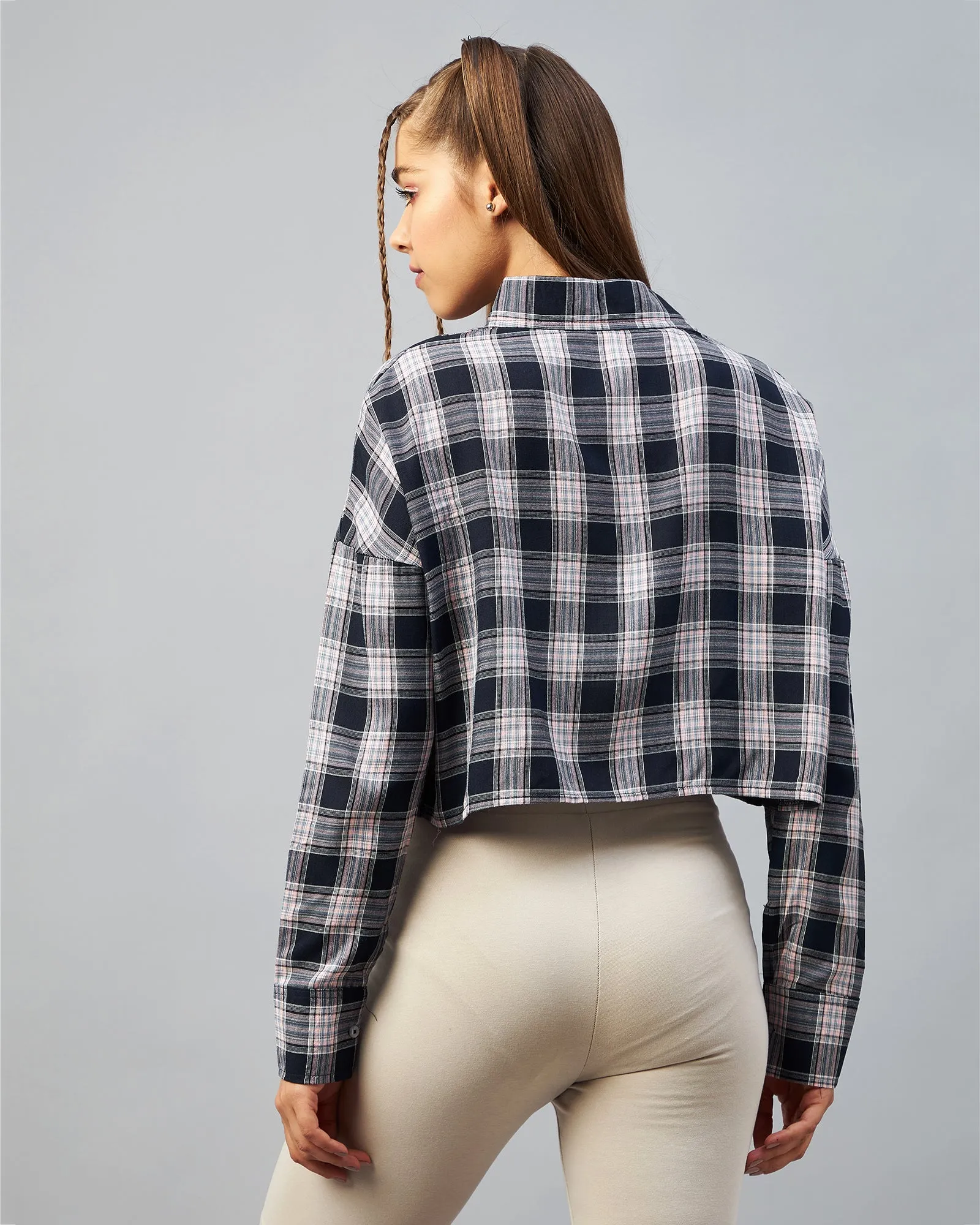 Chimpaaanzee Women Viscose Navy & Pink Checkered Full Sleeve Drop Shoulder Crop Shirt