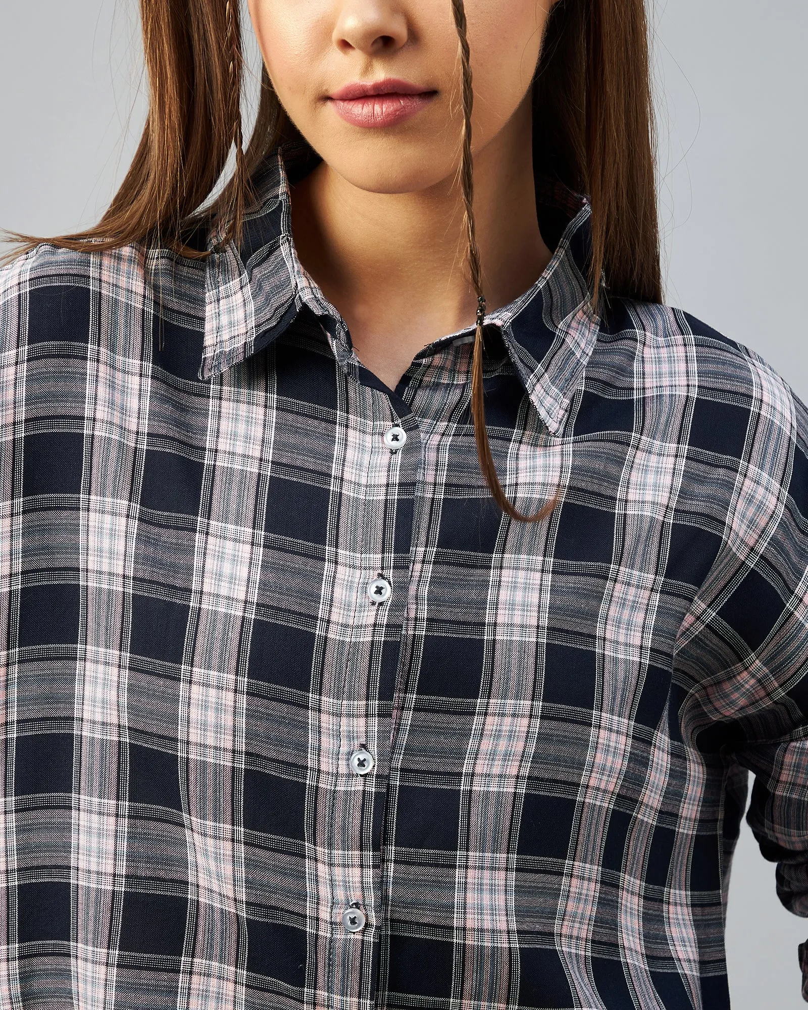 Chimpaaanzee Women Viscose Navy & Pink Checkered Full Sleeve Drop Shoulder Crop Shirt