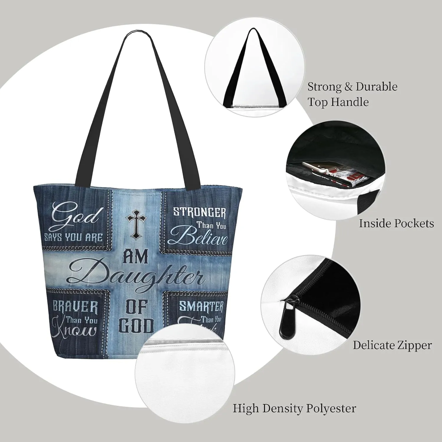Christian Gifts Reusable Shopping Tote Bag Zippered Inspirational Tote Bags for Women Bible Verse Shoulder Bag