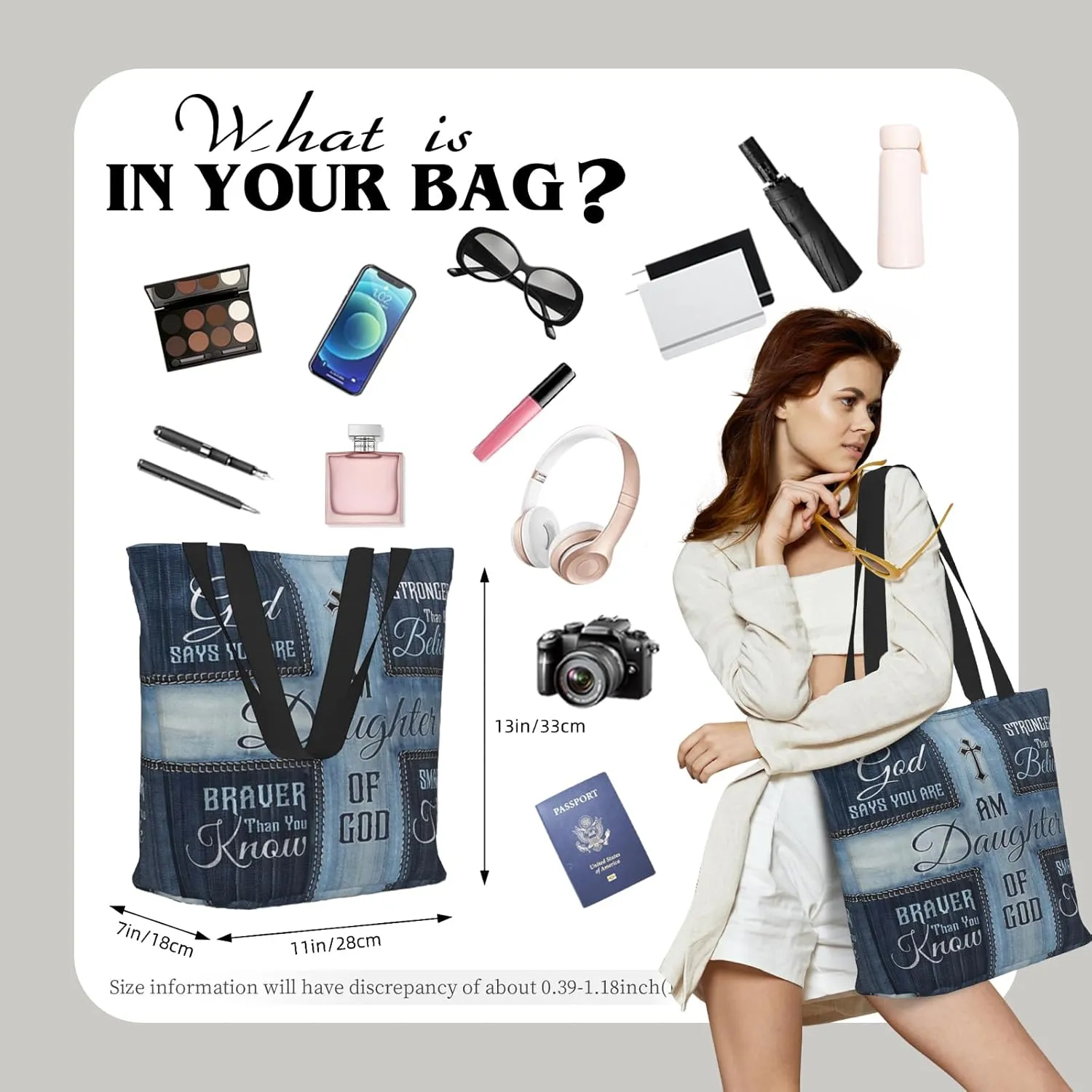 Christian Gifts Reusable Shopping Tote Bag Zippered Inspirational Tote Bags for Women Bible Verse Shoulder Bag