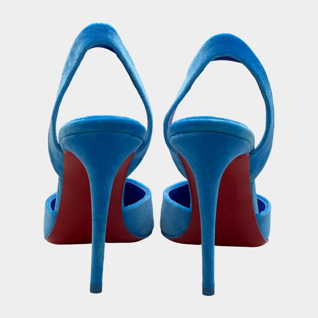 Christian Louboutin neon blue Betty velour heeled open back platform pumps