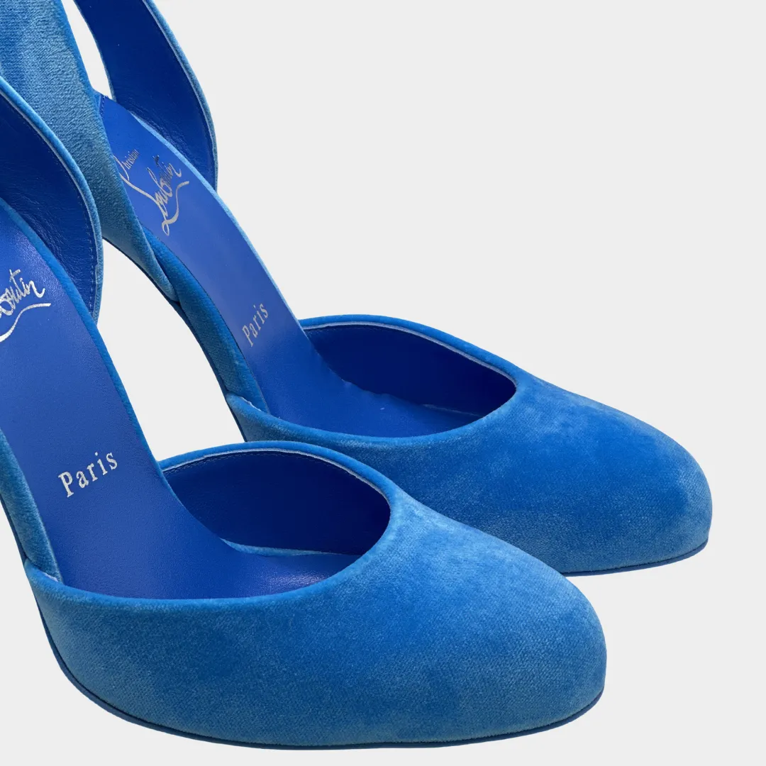 Christian Louboutin neon blue Betty velour heeled open back platform pumps