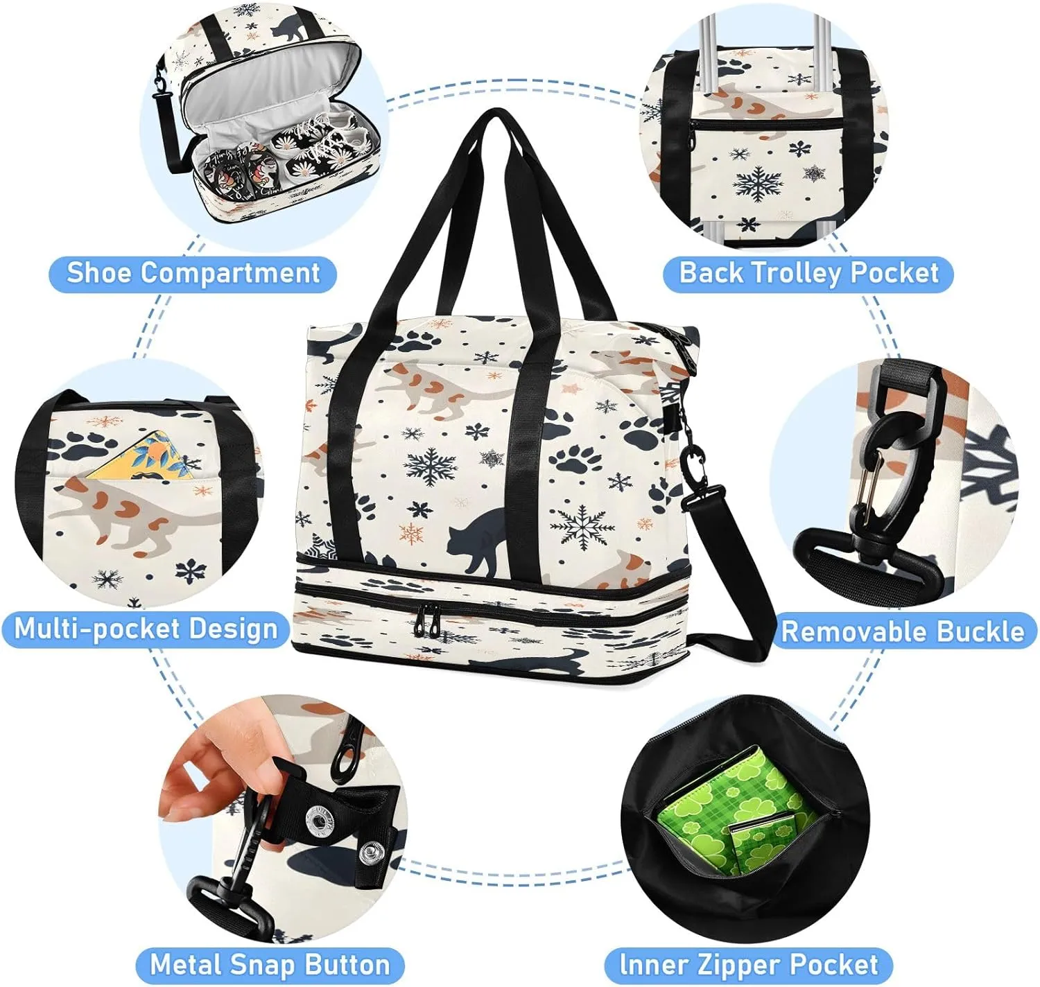 Christmas Snow Cat Travel Duffel Bag Waterproof Gym Sport Tote Bag Carry On Weekender Bag with Compartment