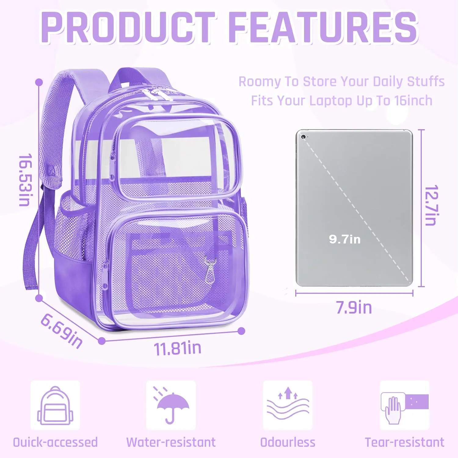 Clear Backpack for School - Large Heavy Duty Clear Bookbag for Girls, See Through PVC Transparent Backpacks