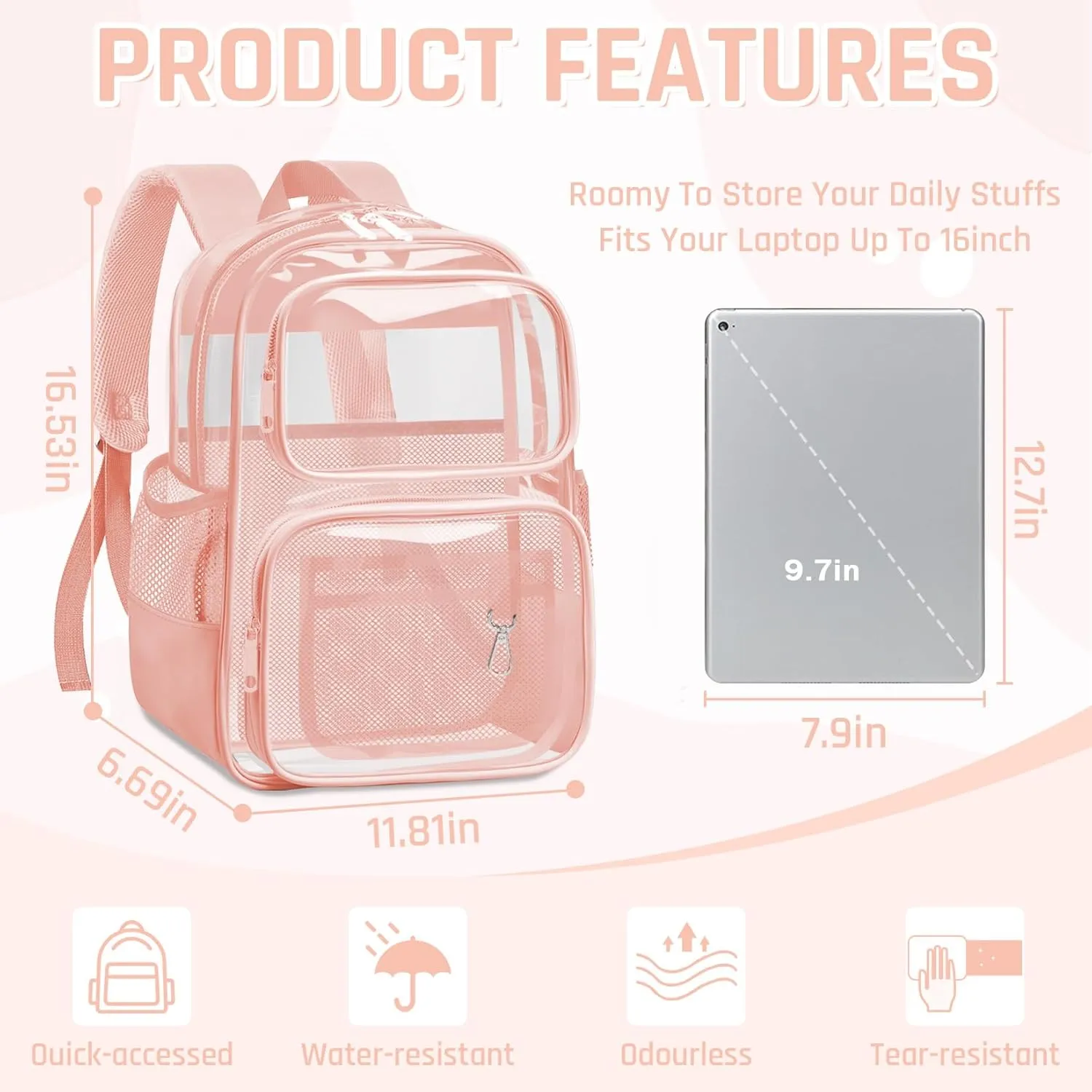Clear Backpack for School - Large Heavy Duty Clear Bookbag for Girls, See Through PVC Transparent Backpacks
