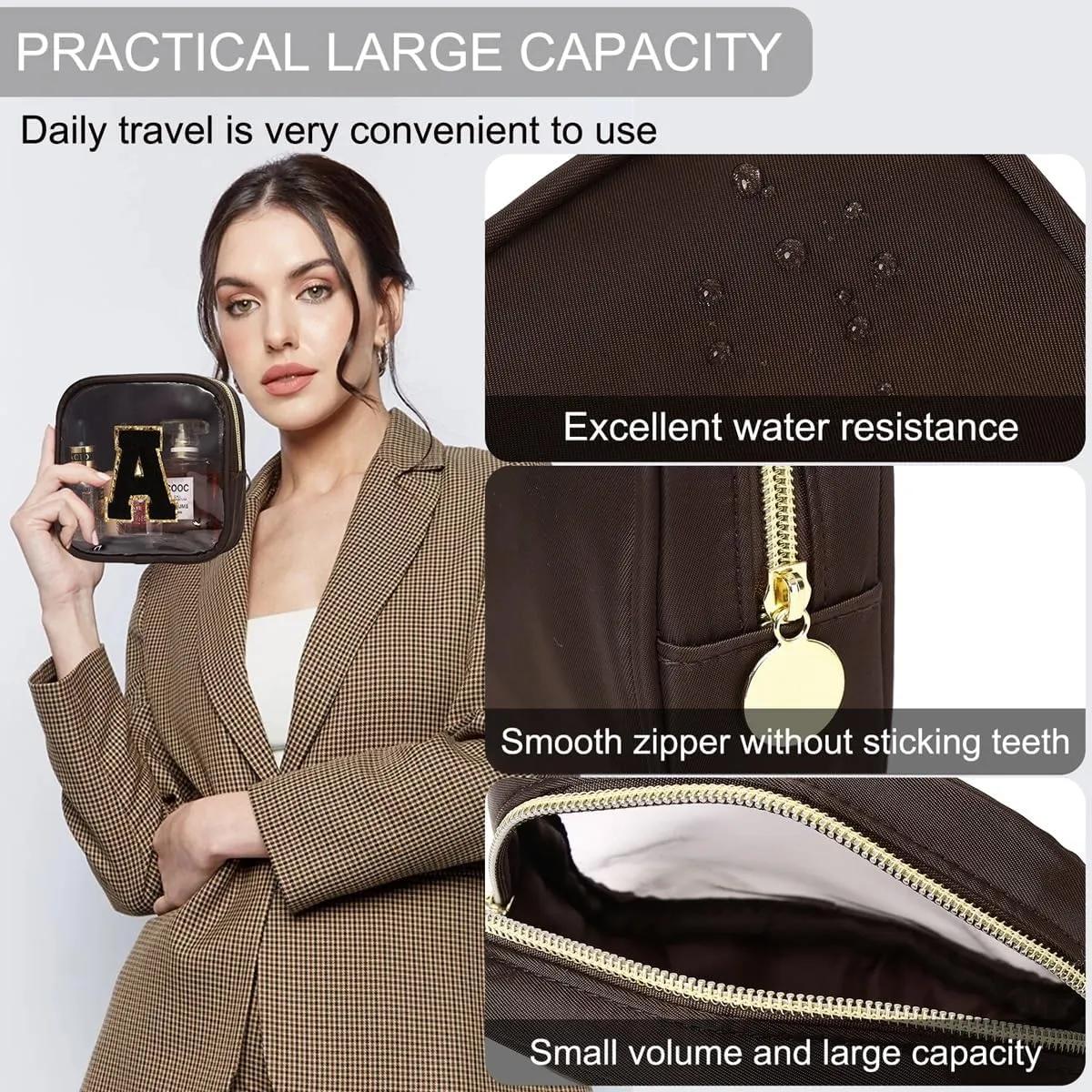 Clear Makeup Bag Mini Cosmetic Bag Women Clear Pouch Zipper Cute Pouches Make Up Travel Toiletry Purse Organizer Bags (Coffee, V)