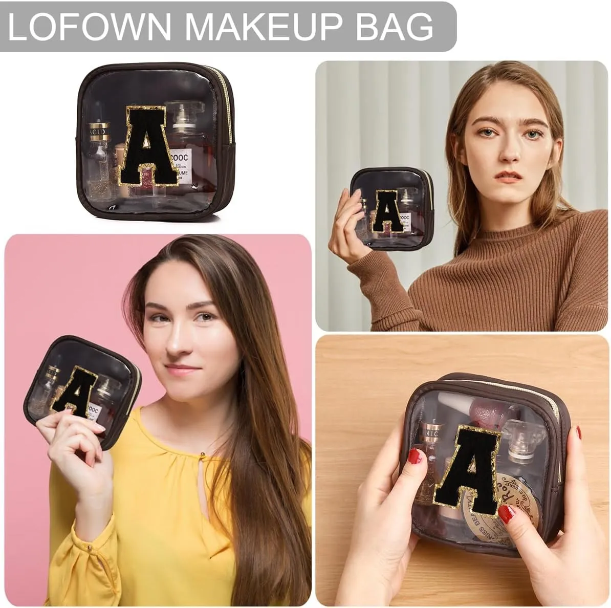 Clear Makeup Bag Mini Cosmetic Bag Women Clear Pouch Zipper Cute Pouches Make Up Travel Toiletry Purse Organizer Bags (Coffee, V)