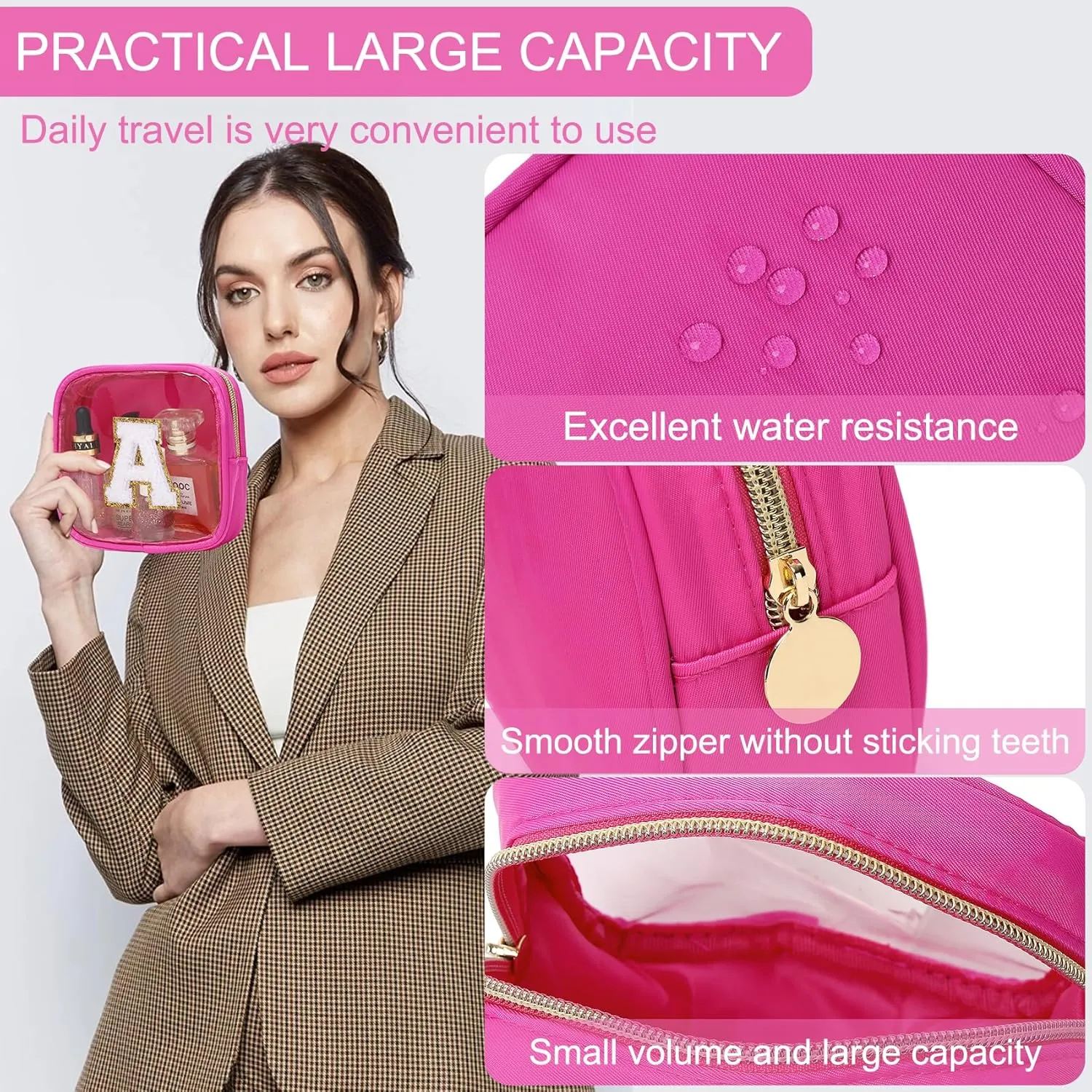 Clear Mini Makeup Bag with Letter Women Pouch for Purse Zipper Cosmetic Bag Travel Toiletry Organizer Bags (Fuxia, N)