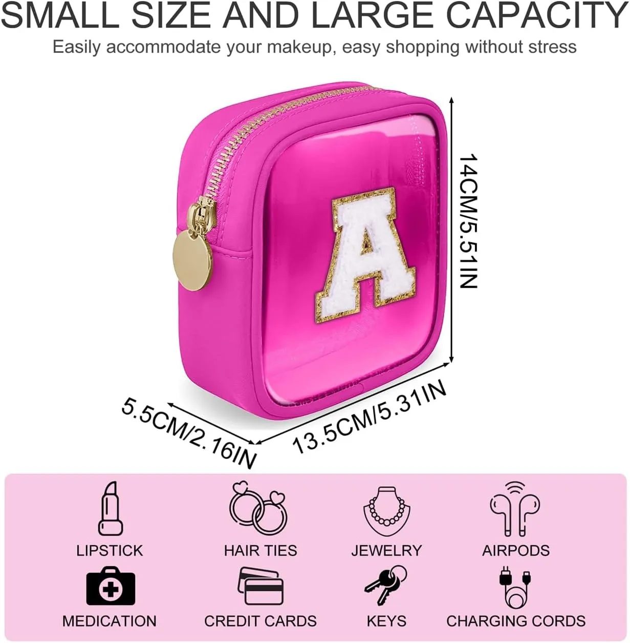 Clear Mini Makeup Bag with Letter Women Pouch for Purse Zipper Cosmetic Bag Travel Toiletry Organizer Bags (Fuxia, N)