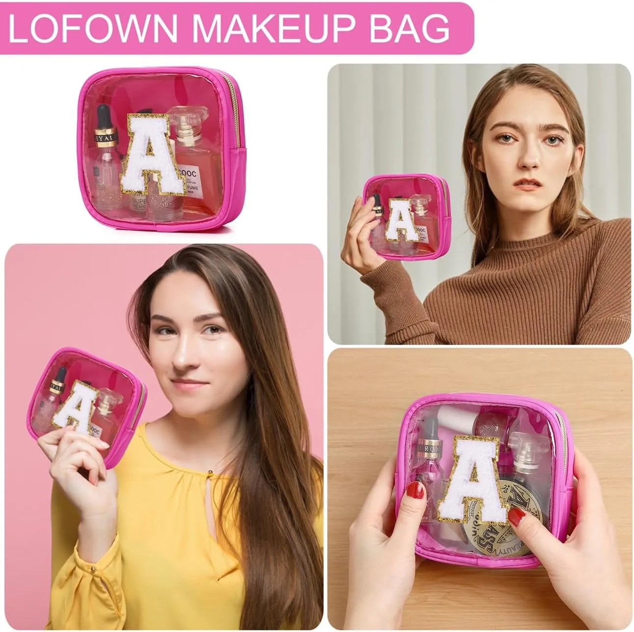 Clear Mini Makeup Bag with Letter Women Pouch for Purse Zipper Cosmetic Bag Travel Toiletry Organizer Bags (Fuxia, N)