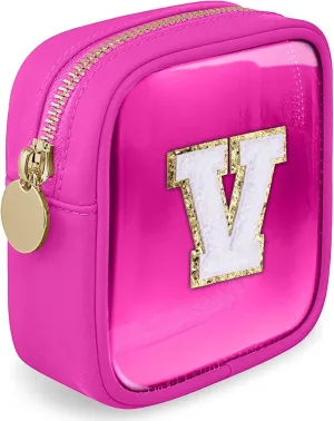 Clear Mini Makeup Bag with Letter Women Pouch for Purse Zipper Cosmetic Bag Travel Toiletry Organizer Bags (Fuxia, V)