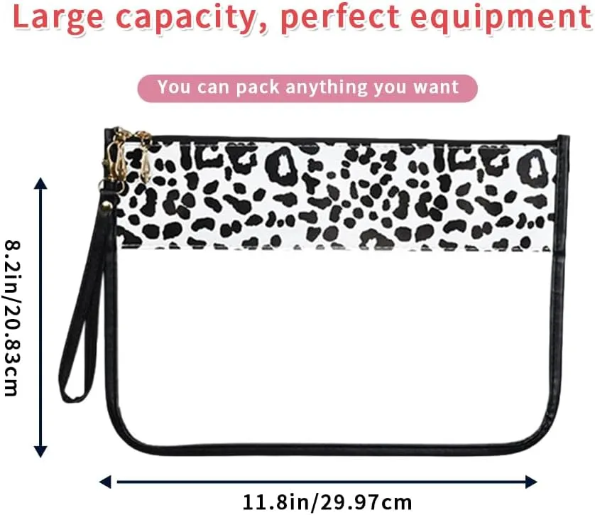 Clear Travel Pouches for toiletries, Travel Makeup Bag With Zipper For Women,Clear Pouches for Travel,Gym,Beach (Black-Leopard)