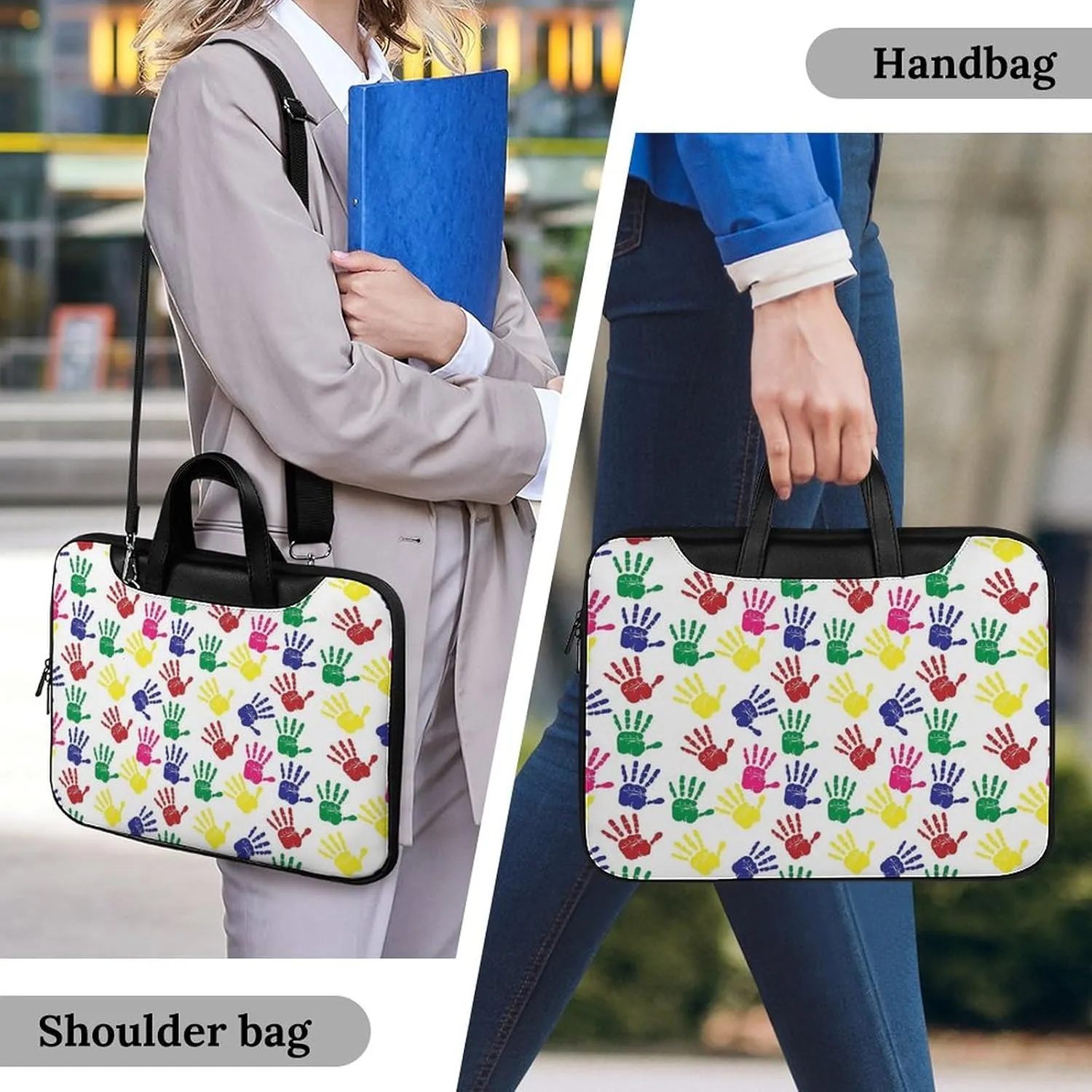 Colorful Hand Print Leather Bag Laptop Case Slim Water Resistant Computer Bags with Handle Briefcase for Work