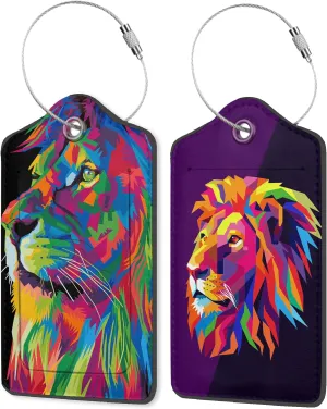 Colorful Pop Art Lion PU Leather Luggage Tags for Suitcase, Travel Cruise 2 Pack with Privacy Flap, Name ID Label and Metal Loop for Women Men Girls Baggage Backpack