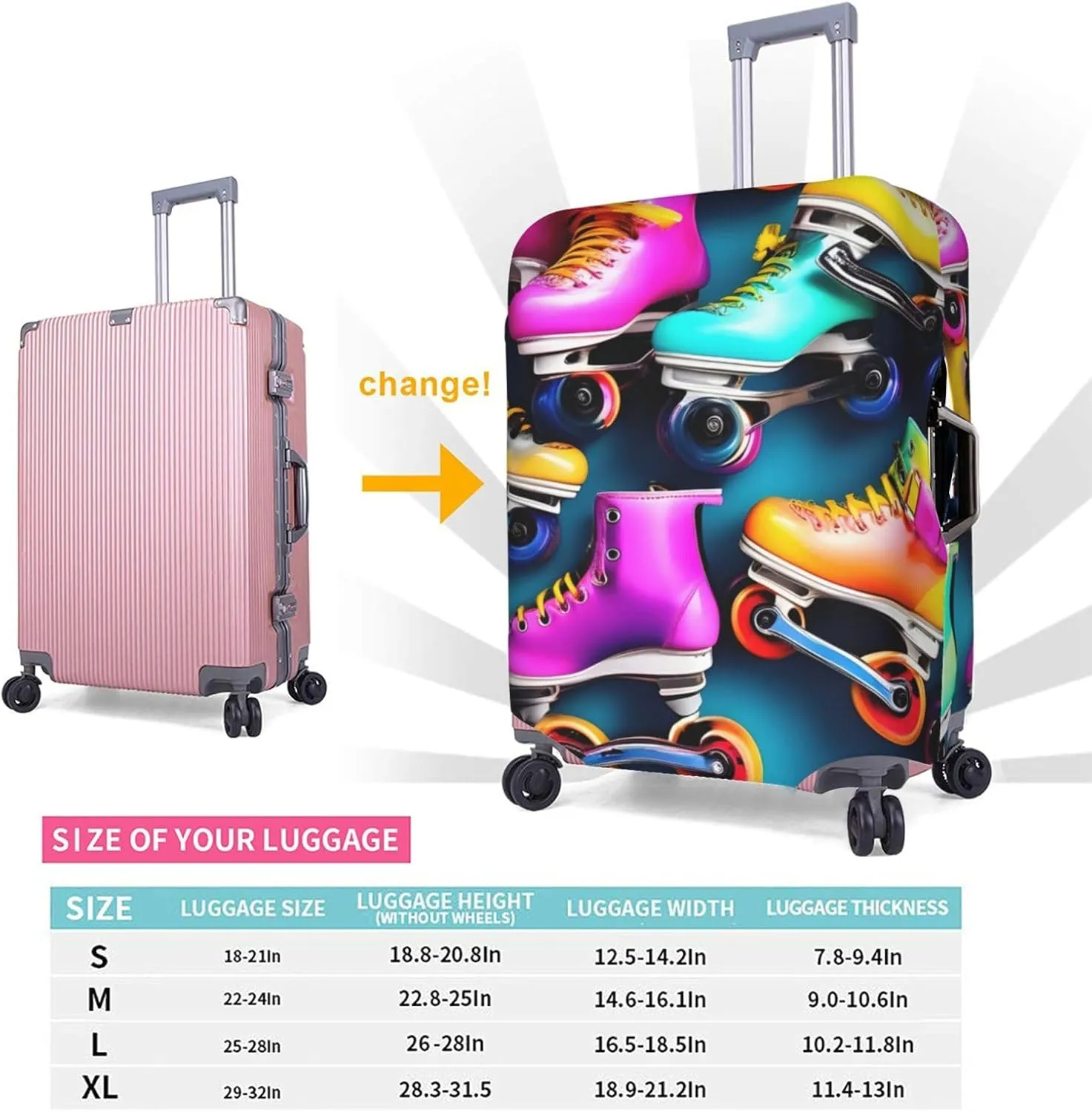 Colorful Roller Skates Print Washable Suitcase Cover Protective Luggage Cover Anti Scratch Travel Gear Protector