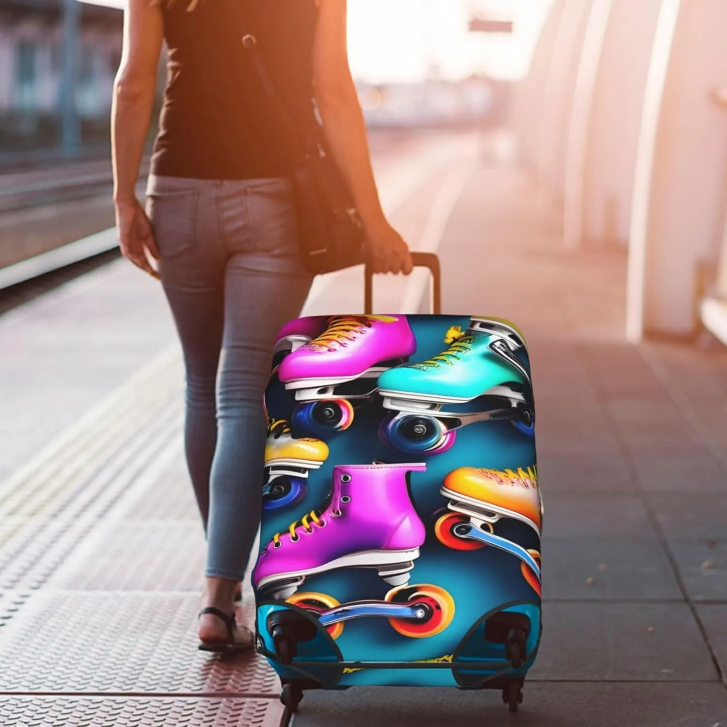 Colorful Roller Skates Print Washable Suitcase Cover Protective Luggage Cover Anti Scratch Travel Gear Protector