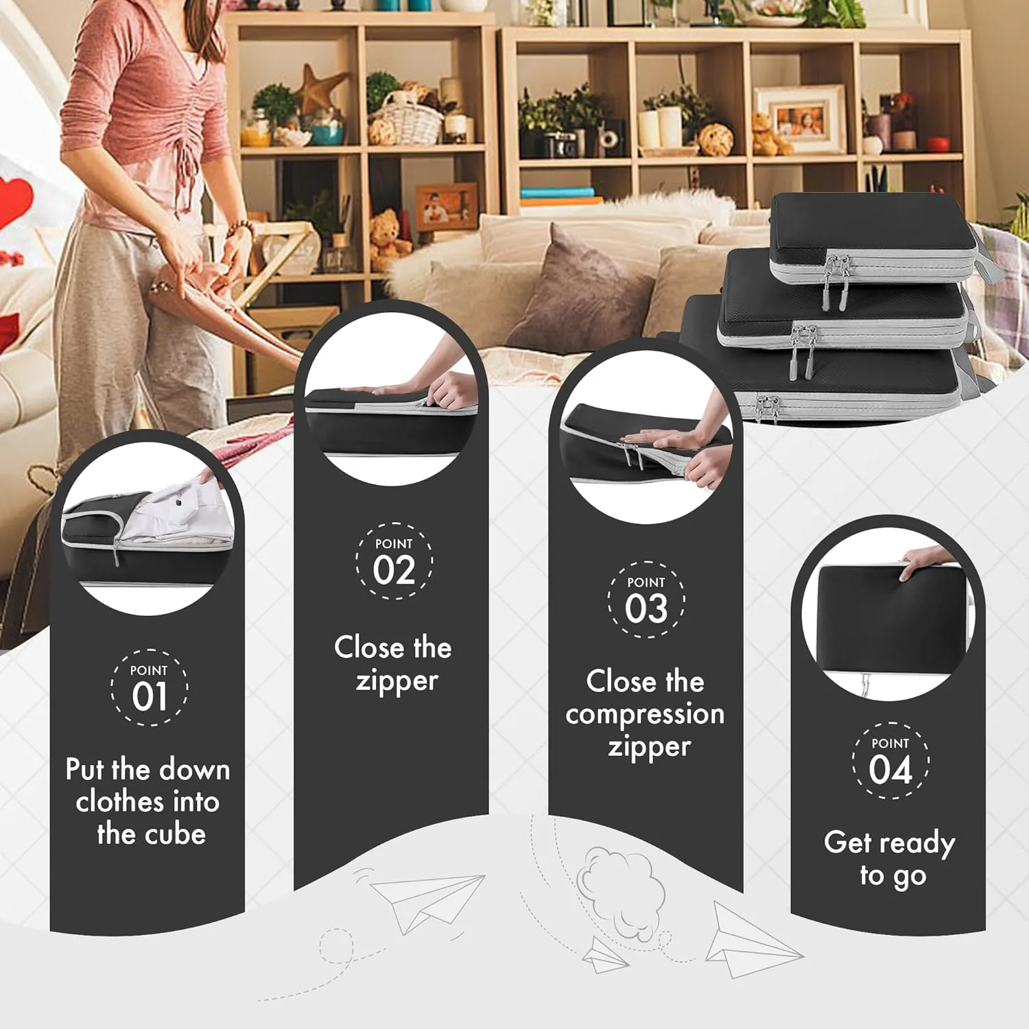 Compression Packing Cubes for Travel, Packing Organizer Travel Accessories, Lightweight Luggage Packing Cubes Travel Bag, Space Saving Travel Essentials for Suitcases(4Pack-Black)