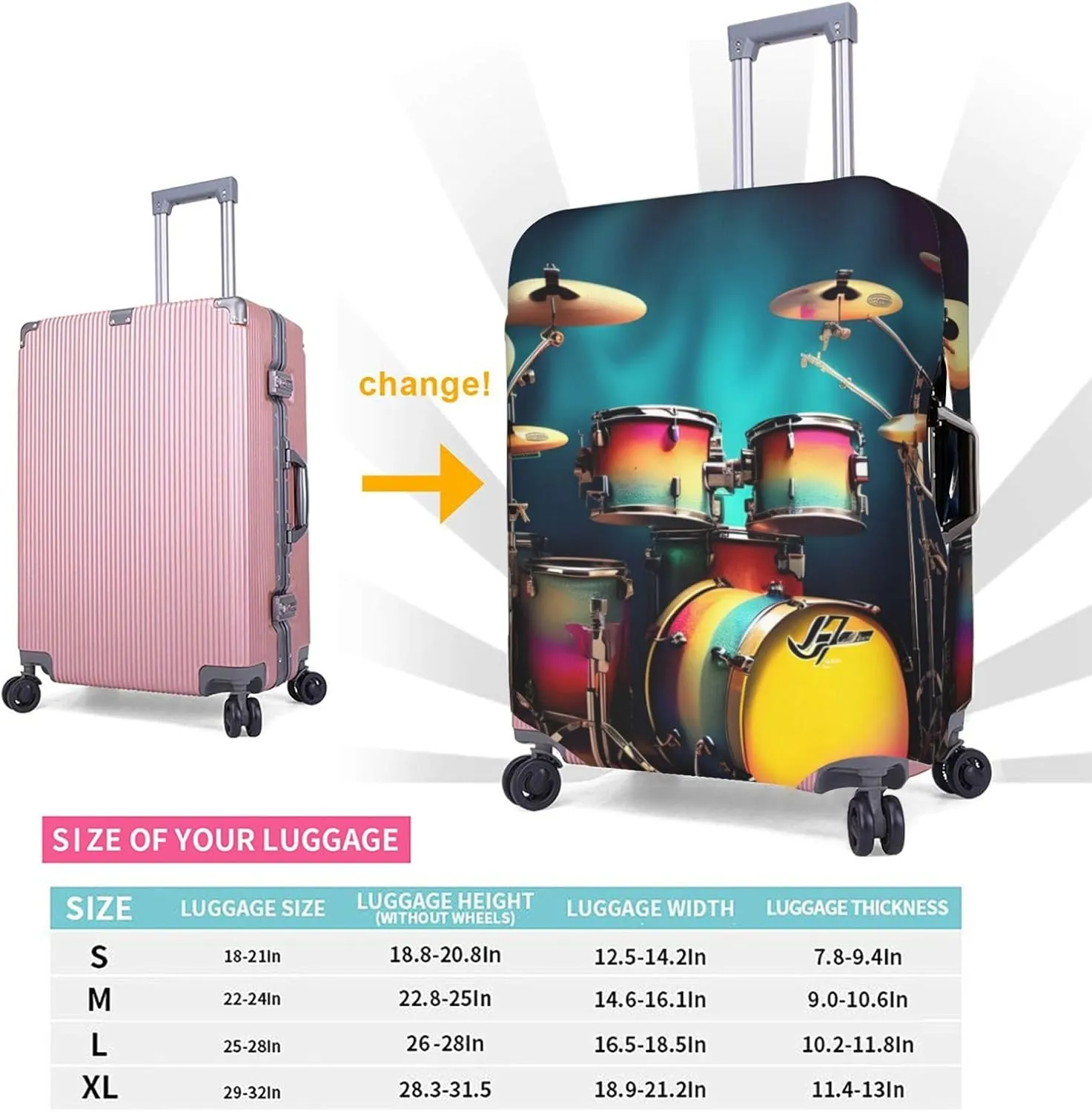 Cool Drums Set Print Washable Suitcase Cover Protective Luggage Cover Anti Scratch Travel Gear Protector