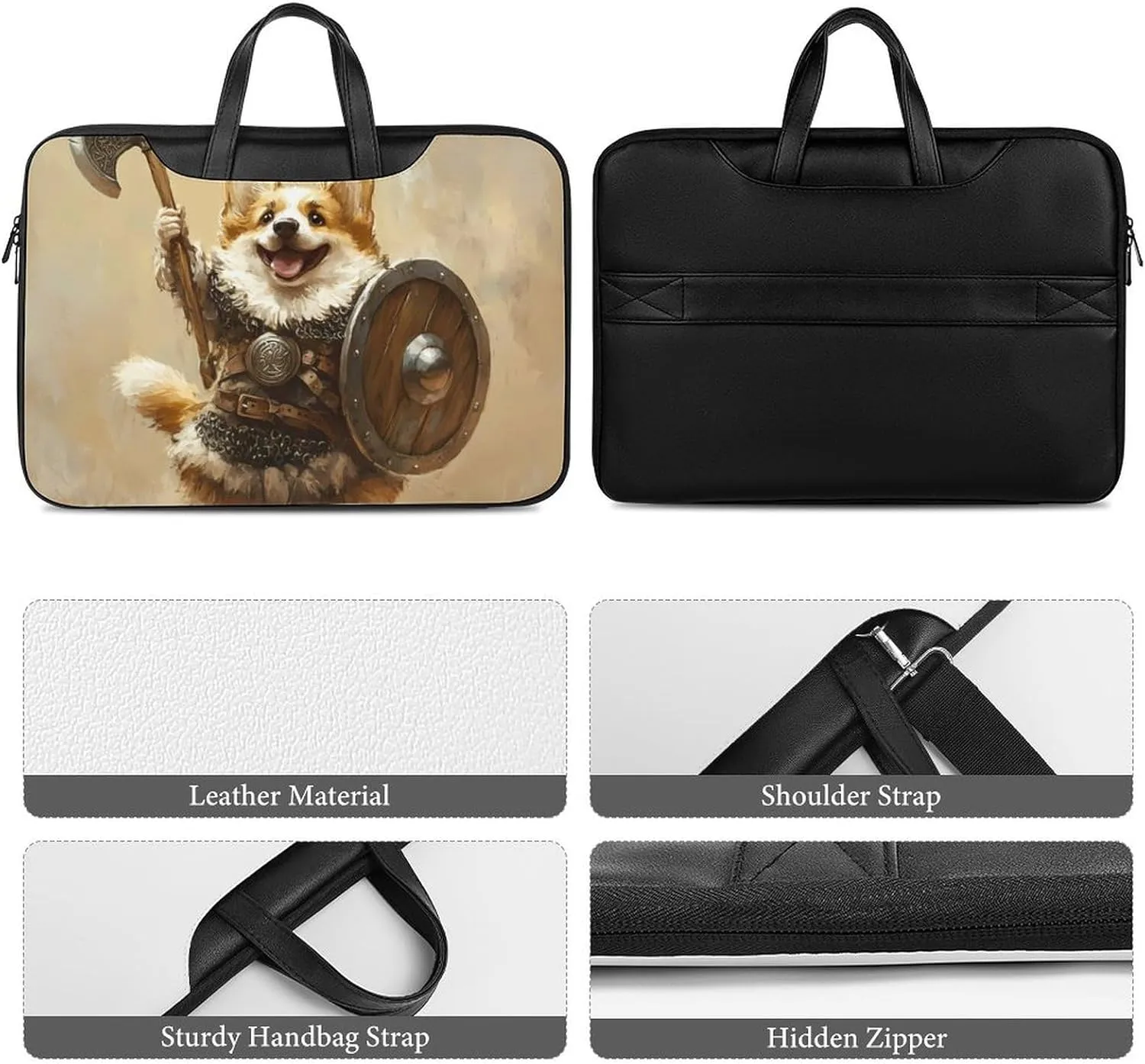Corgi Dog Ancient Warrior Soldier Leather Bag Laptop Case Slim Water Resistant Computer Bags with Handle Briefcase for Work
