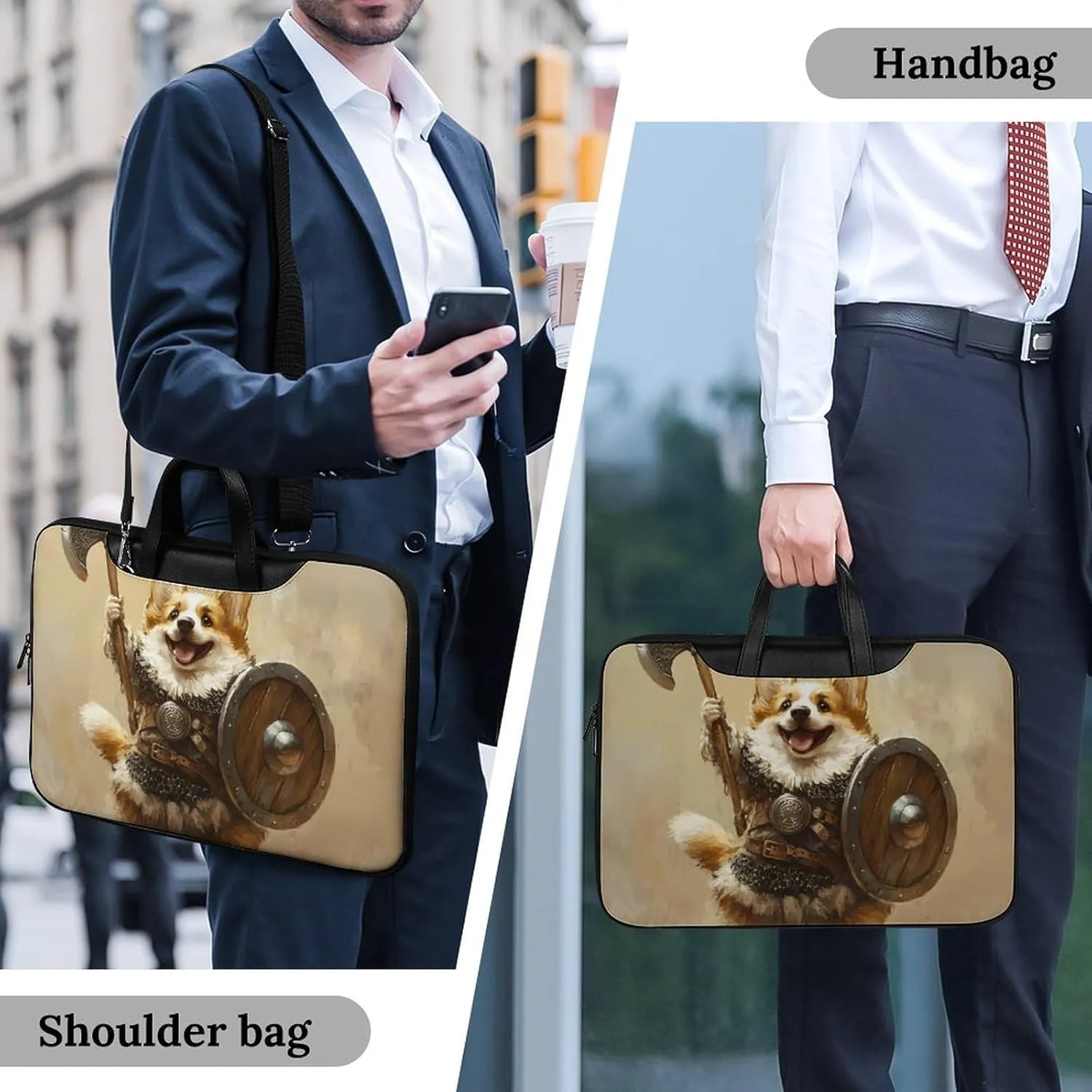Corgi Dog Ancient Warrior Soldier Leather Bag Laptop Case Slim Water Resistant Computer Bags with Handle Briefcase for Work