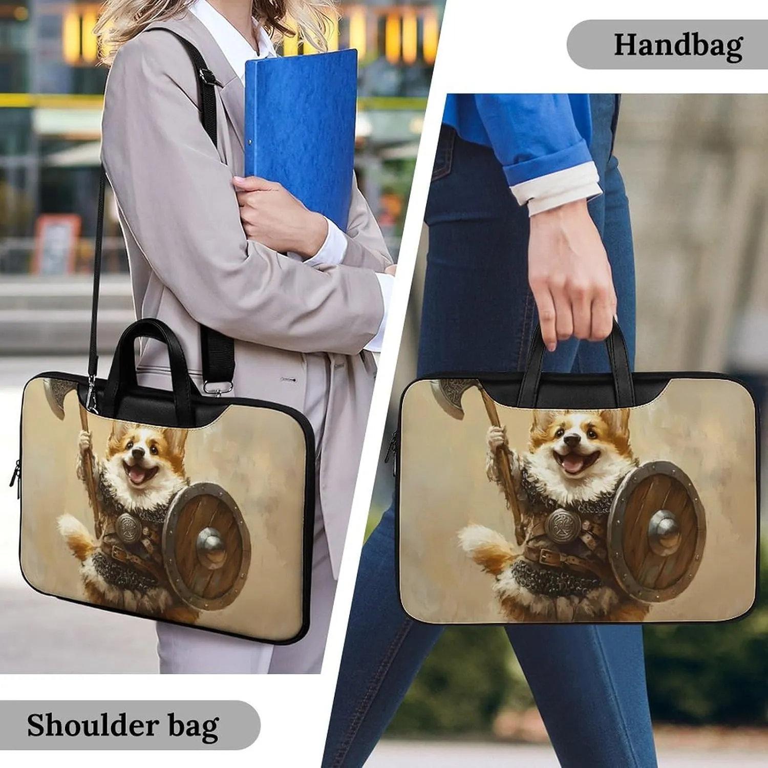 Corgi Dog Ancient Warrior Soldier Leather Bag Laptop Case Slim Water Resistant Computer Bags with Handle Briefcase for Work