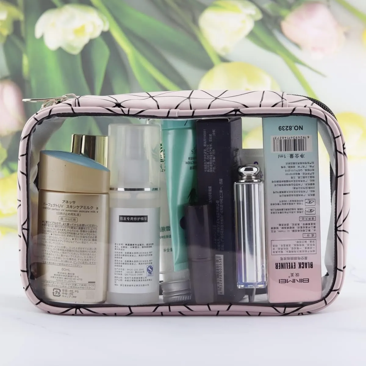 Cosmetic Bag Makeup Bag Travel Airport Carry-On Clear Toiletry Organizer Wash Supplies Pouch Portable with Zipper (Pink)
