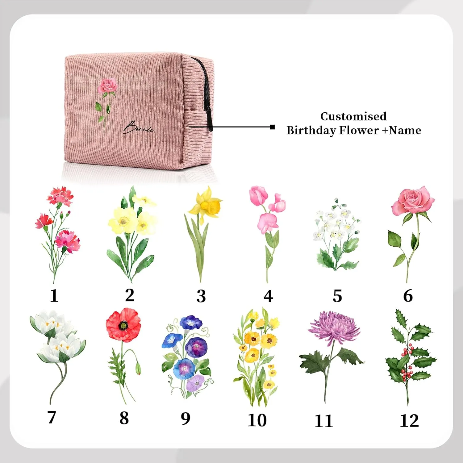 Custom Name Makeup Bags for Women Personalized Travel Cosmetic Bag with Birth Flower Portable Make Up Bags Customized Gifts for Women Mother Sister (Pink)