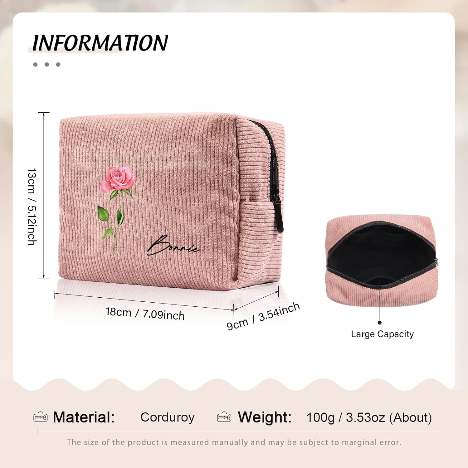 Custom Name Makeup Bags for Women Personalized Travel Cosmetic Bag with Birth Flower Portable Make Up Bags Customized Gifts for Women Mother Sister (Pink)