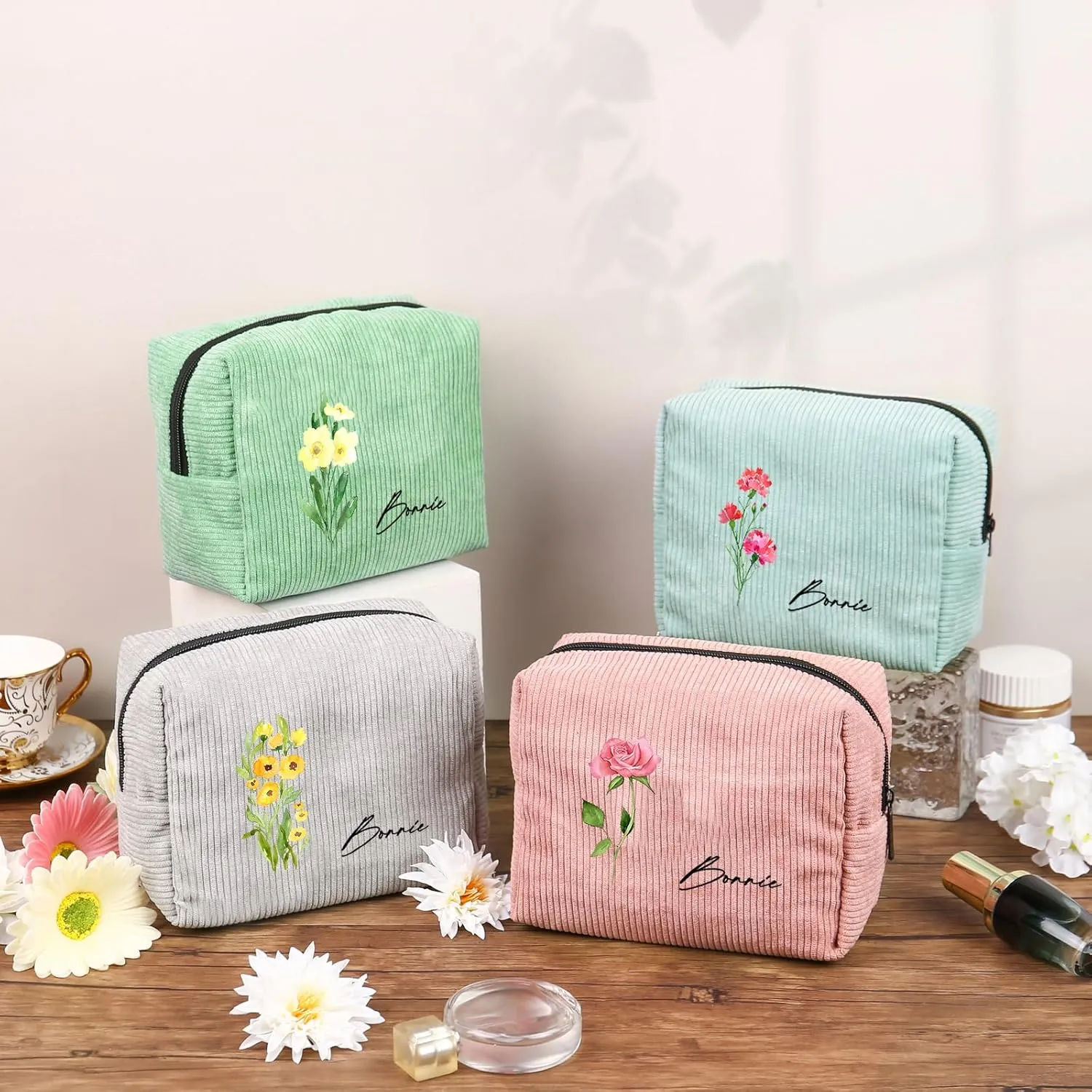 Custom Name Makeup Bags for Women Personalized Travel Cosmetic Bag with Birth Flower Portable Make Up Bags Customized Gifts for Women Mother Sister (Pink)