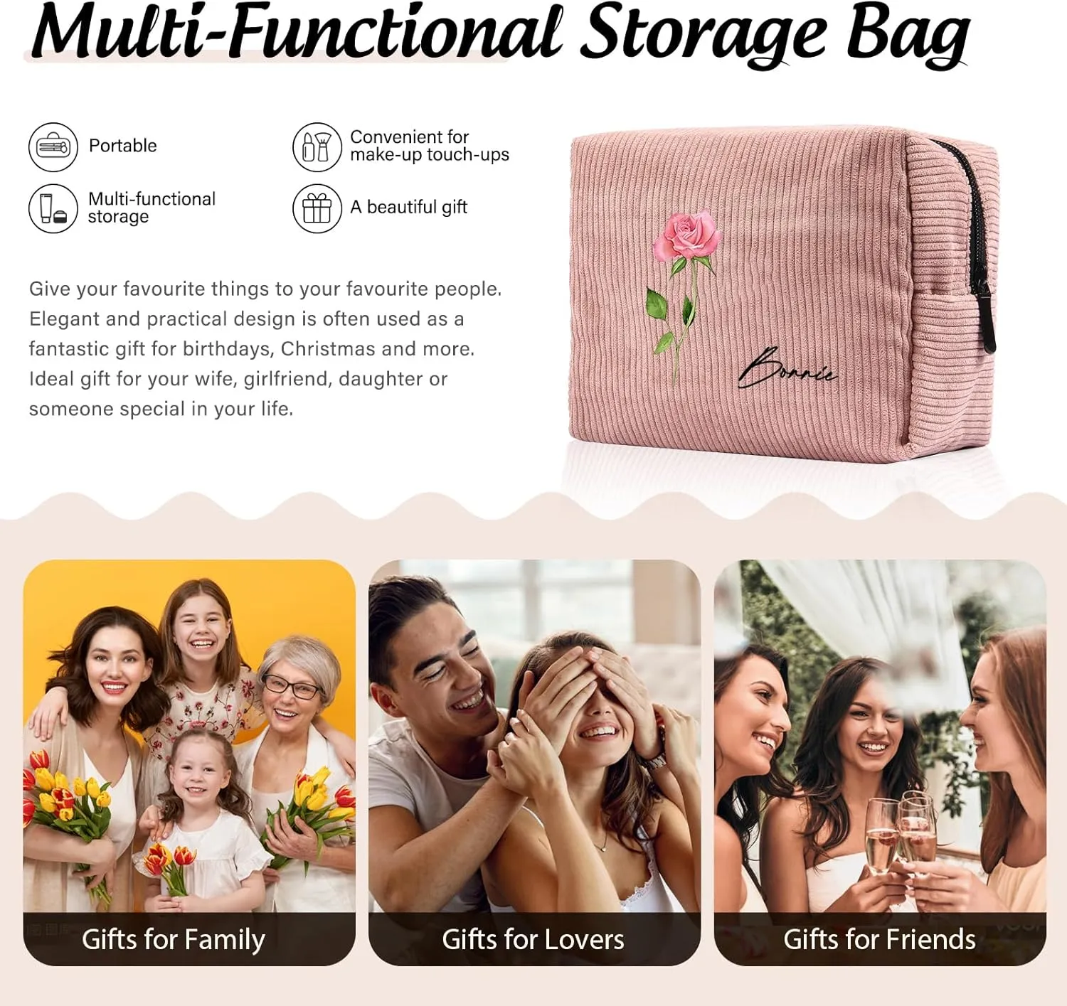 Custom Name Makeup Bags for Women Personalized Travel Cosmetic Bag with Birth Flower Portable Make Up Bags Customized Gifts for Women Mother Sister (Pink)