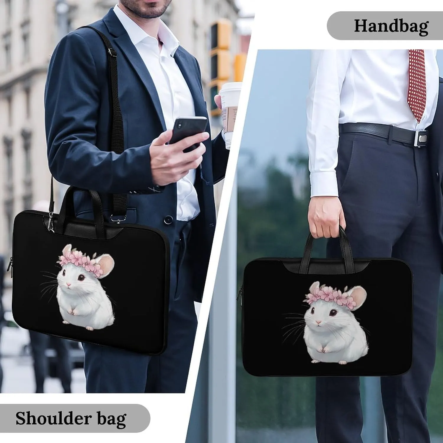 Cute Chinchilla With Flower Leather Bag Laptop Case Slim Water Resistant Computer Bags with Handle Briefcase for Work
