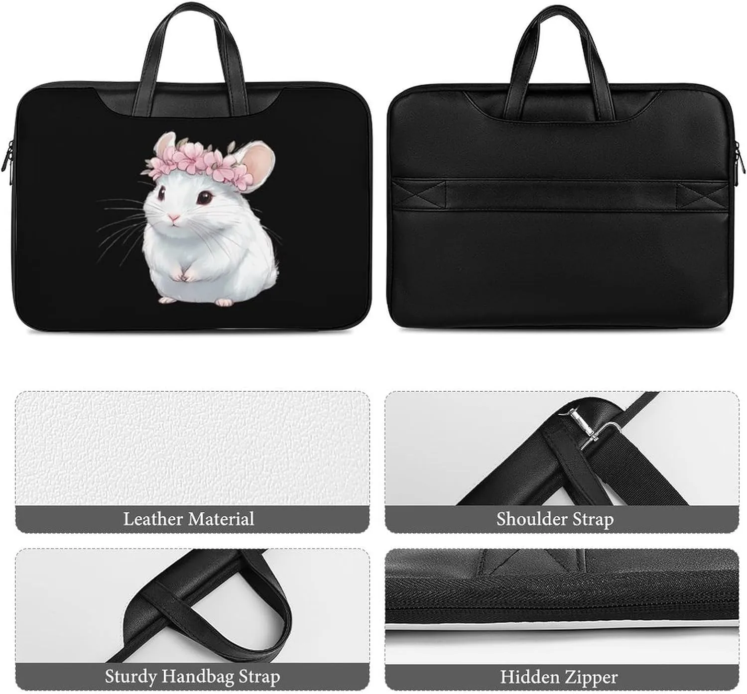 Cute Chinchilla With Flower Leather Bag Laptop Case Slim Water Resistant Computer Bags with Handle Briefcase for Work