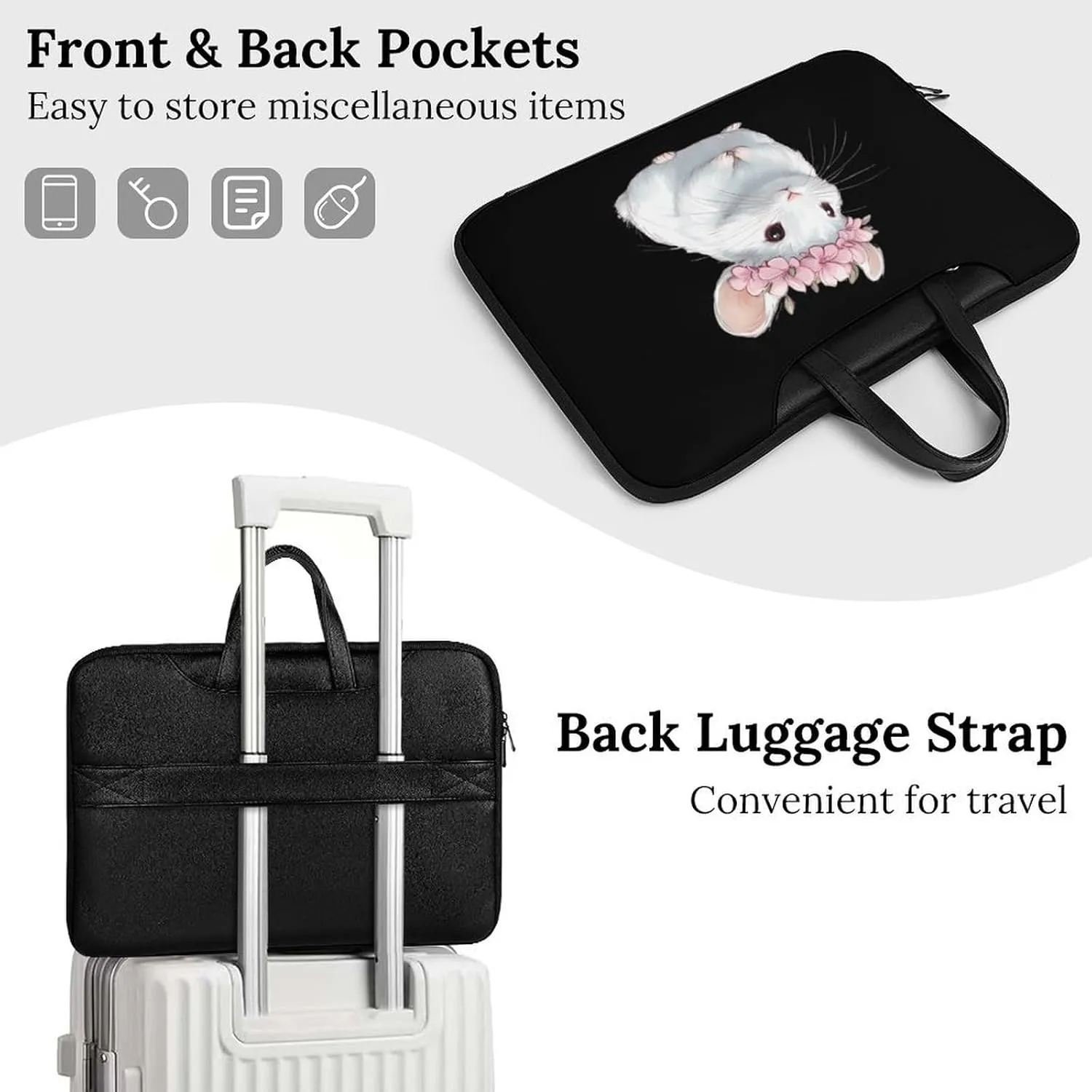 Cute Chinchilla With Flower Leather Bag Laptop Case Slim Water Resistant Computer Bags with Handle Briefcase for Work