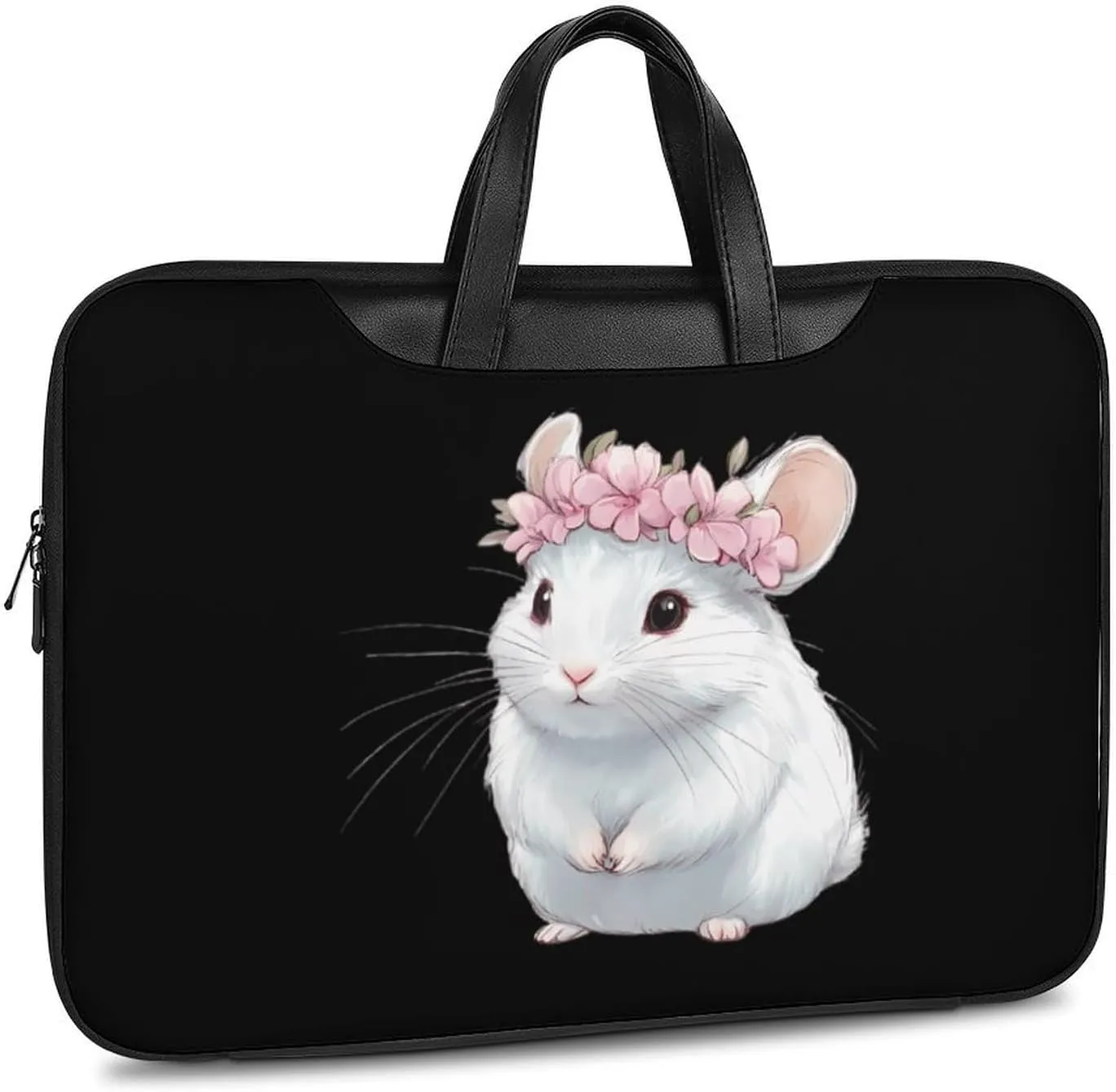 Cute Chinchilla With Flower Leather Bag Laptop Case Slim Water Resistant Computer Bags with Handle Briefcase for Work