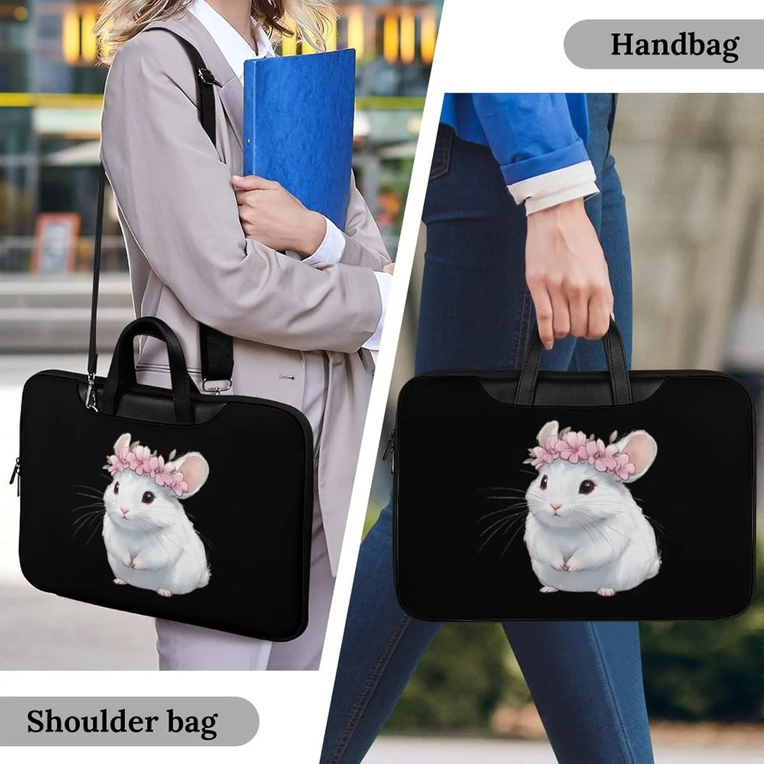 Cute Chinchilla With Flower Leather Bag Laptop Case Slim Water Resistant Computer Bags with Handle Briefcase for Work