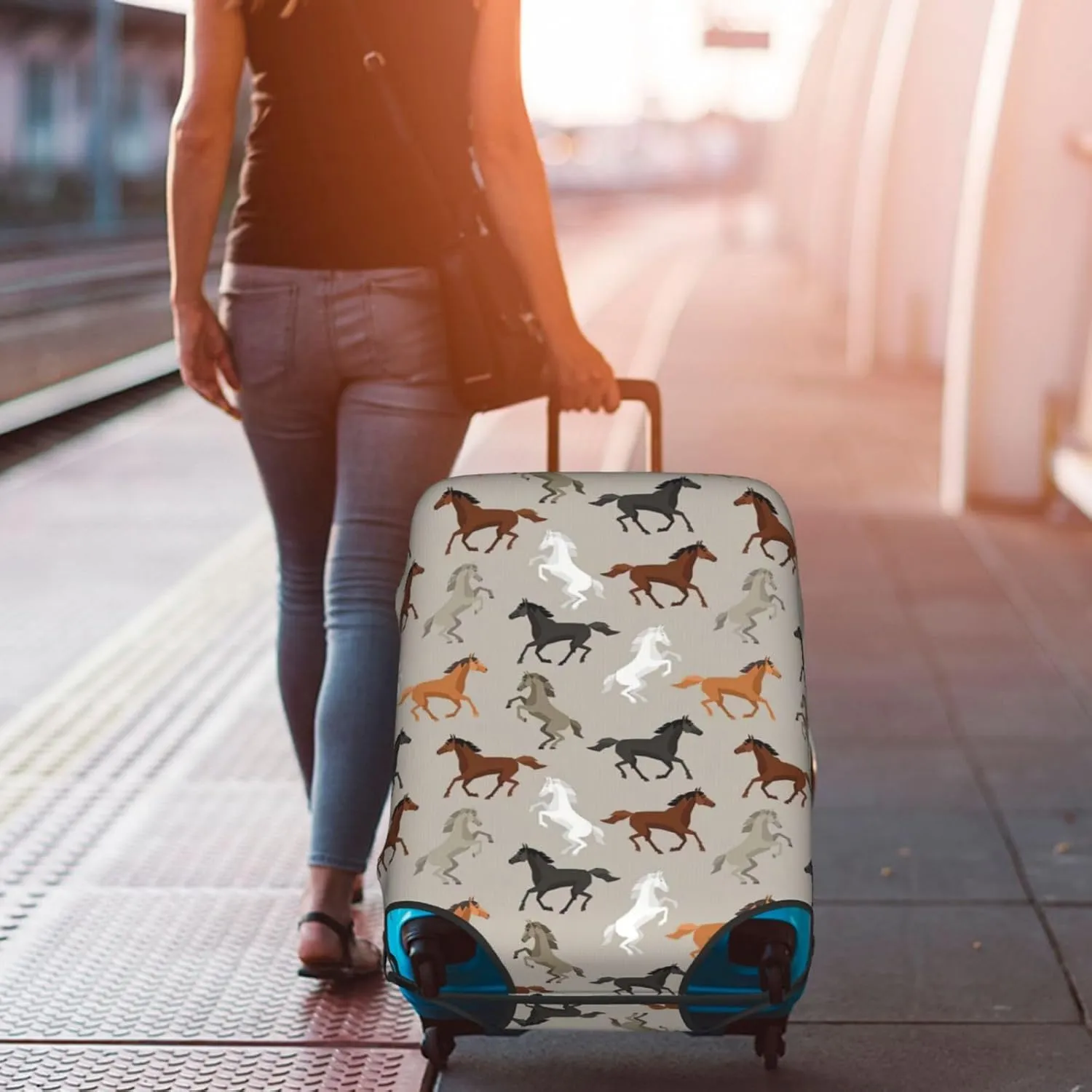 Cute Horse Print Protective Luggage Cover Elastic Washable Suitcase Protector Travel Gear Protector