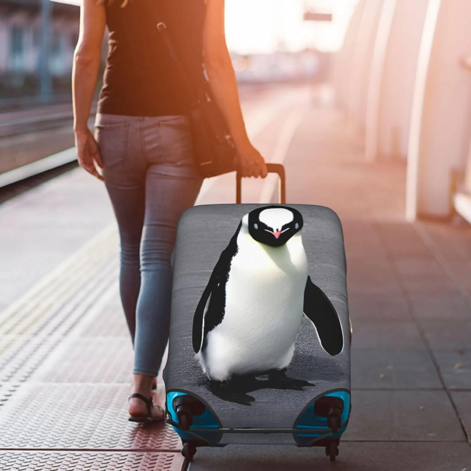 Cute Penguin Print Washable Suitcase Cover Protective Luggage Cover Anti Scratch Travel Gear Protector