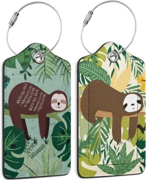 Cute Sloth Luggage Tags for Suitcases,2 Pack Palm Luggage Tag,Leather Stainless Steel Loop Label Tag for Women Men Girls Travel Bag Suitcase