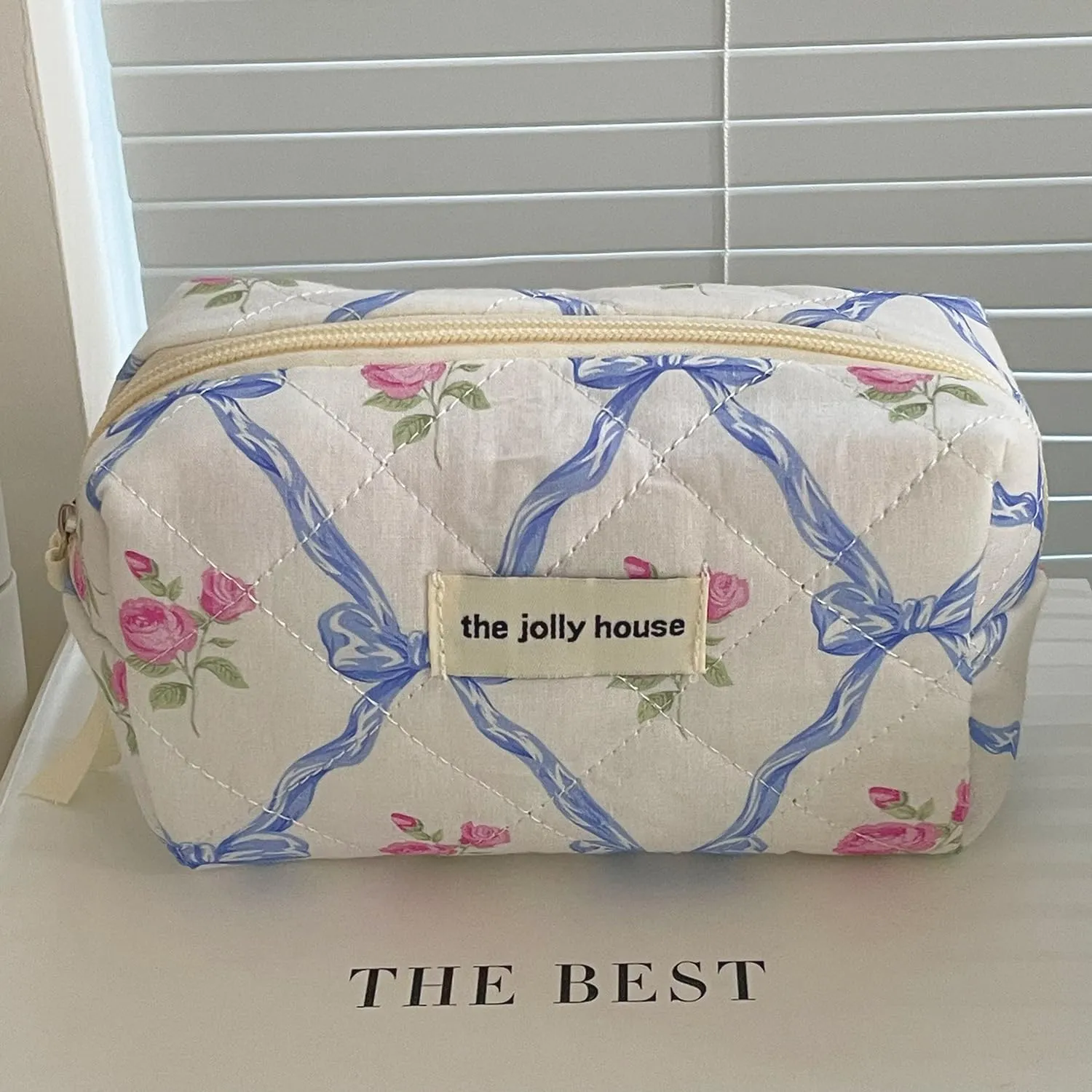 CYee Women Fairycore Quilted Makeup Bag Aesthetics Puffer Pouch Y2K Kawaii Storage Bags Bow Tie Floral Cosmetic Bag (L,Blue)