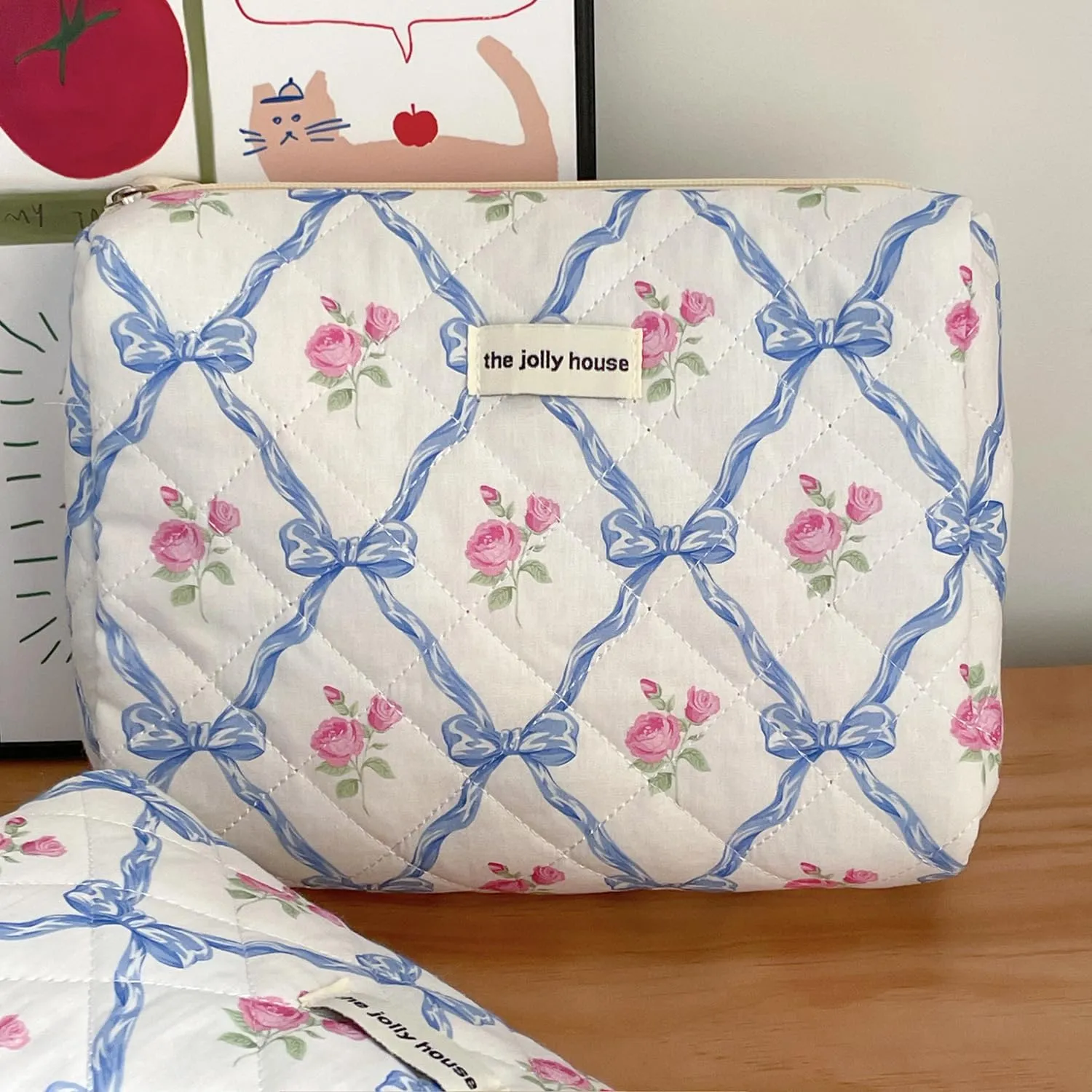 CYee Women Fairycore Quilted Makeup Bag Aesthetics Puffer Pouch Y2K Kawaii Storage Bags Bow Tie Floral Cosmetic Bag (L,Blue)