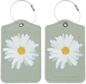 Daisy Flower Luggage Tags for Suitcases 2 Pack, White Daisy Floral Leather Luggage Tag with Privacy Name ID Label and Stainless Steel Loop for Travel Bag Suitcase